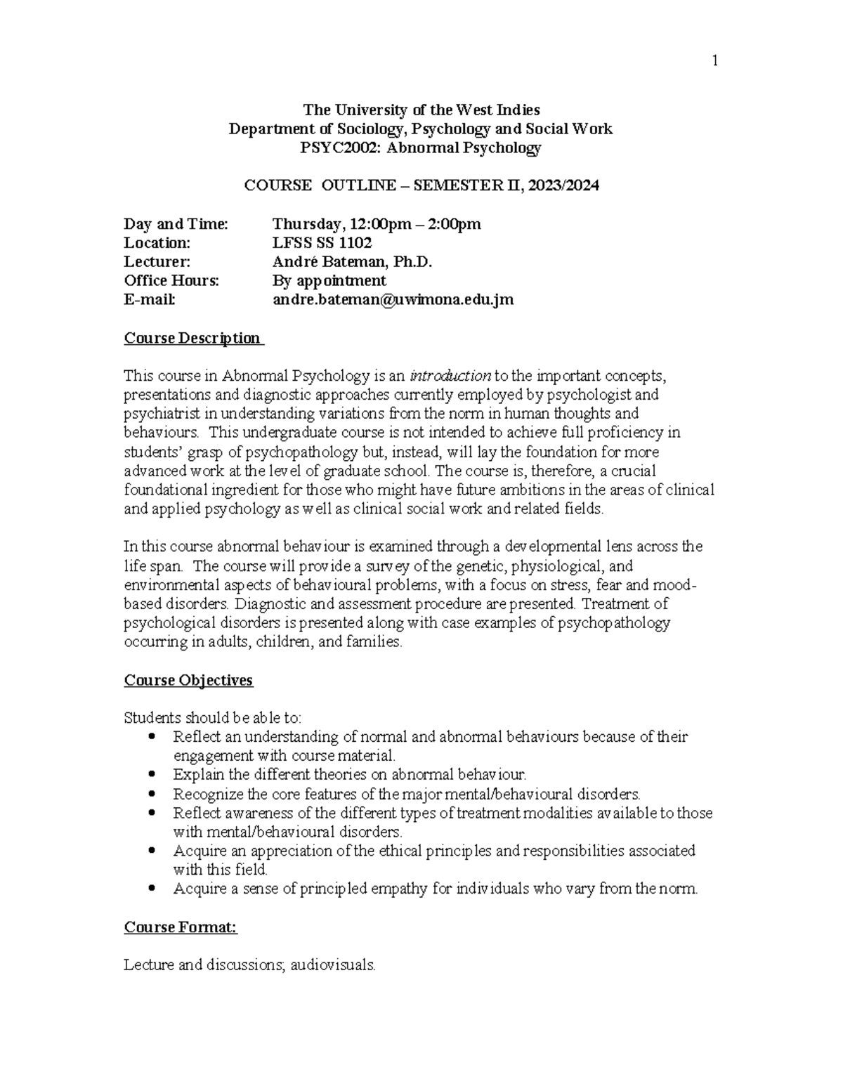 PSYC2002 Abnormal Psychology Course Outline - Semester II 2023/2024 ...