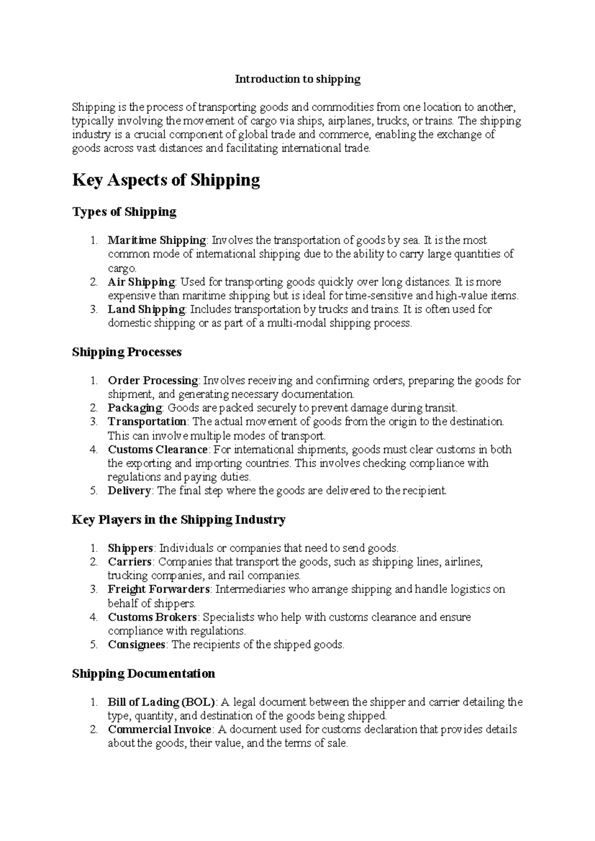 Introduction to Shipping: Key Aspects and Terminology Overview - Studocu