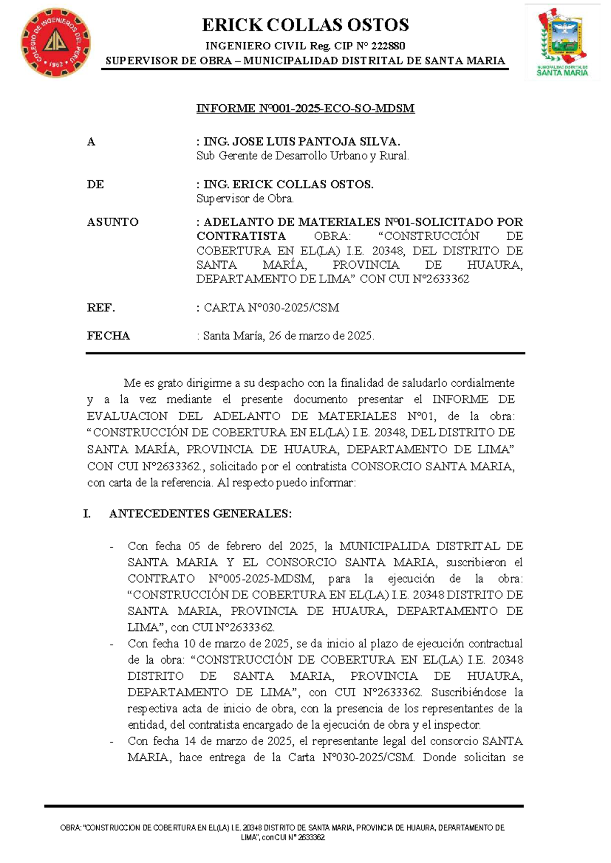Informe N°001-2025-ECO-SO-MDSM: Adelanto de Materiales para Obra - Document Preview