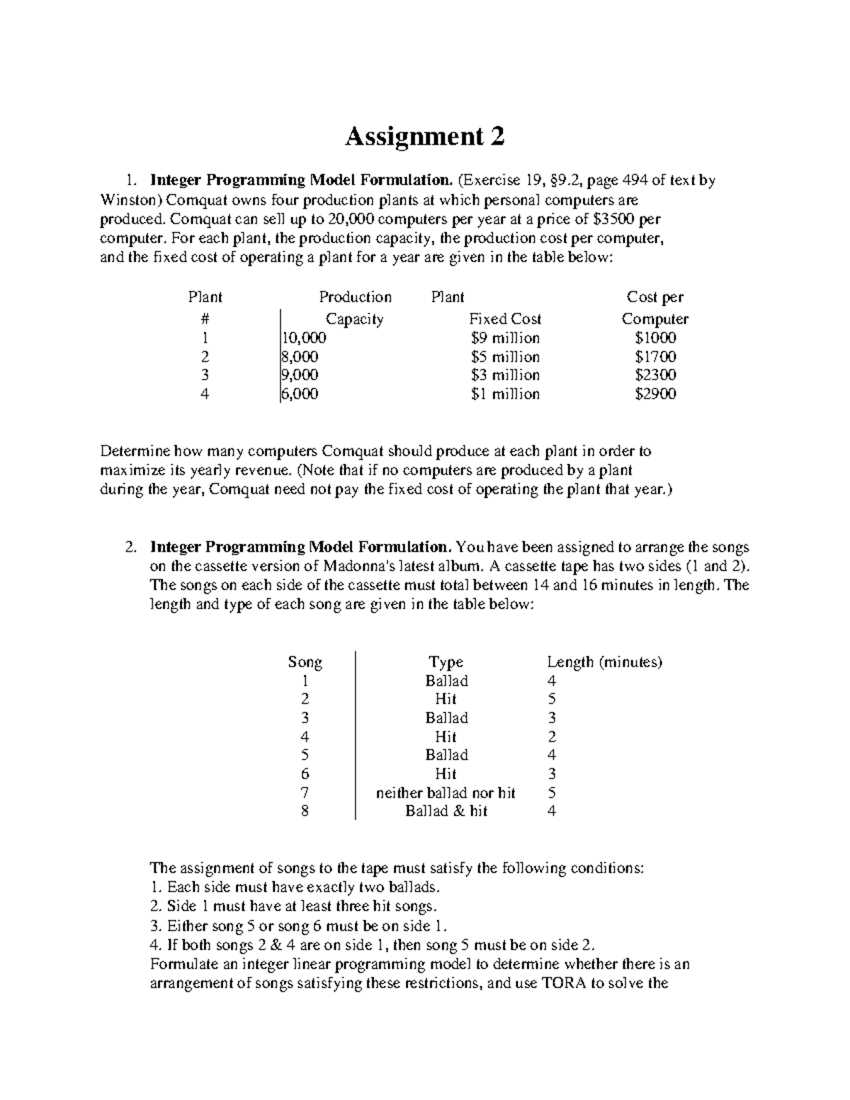 Assignment 2: Integer Programming Models and Solutions for MC305 - Studocu