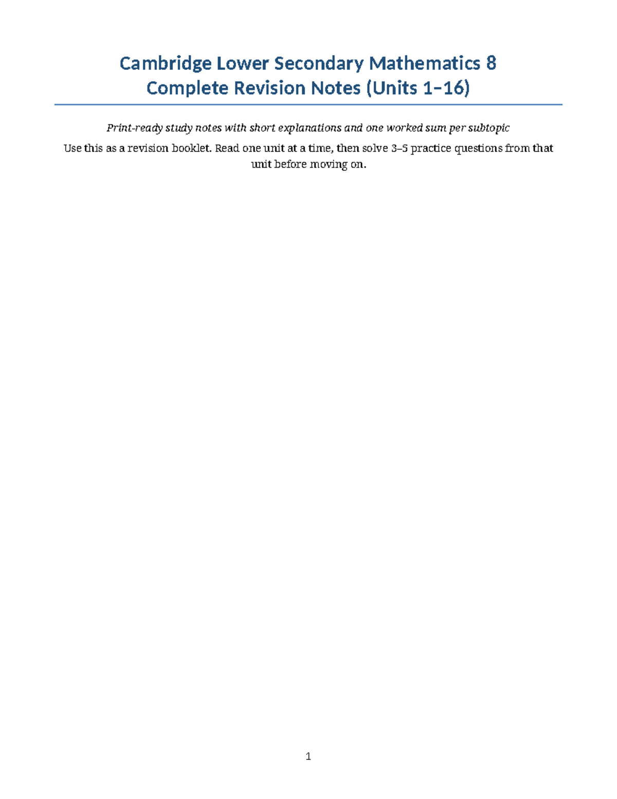 Cambridge Lower Secondary Math 8 Complete Revision Notes - Studocu