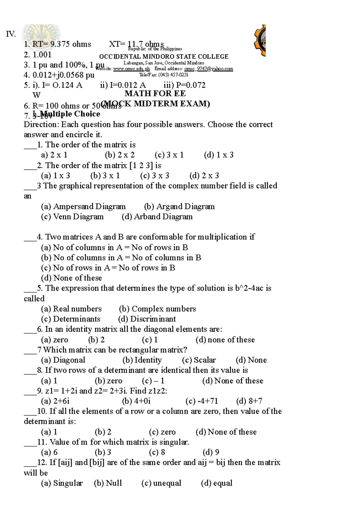 MATH FOR EE 9.375 ohms MOCK Midterm Exam Questions - Studocu