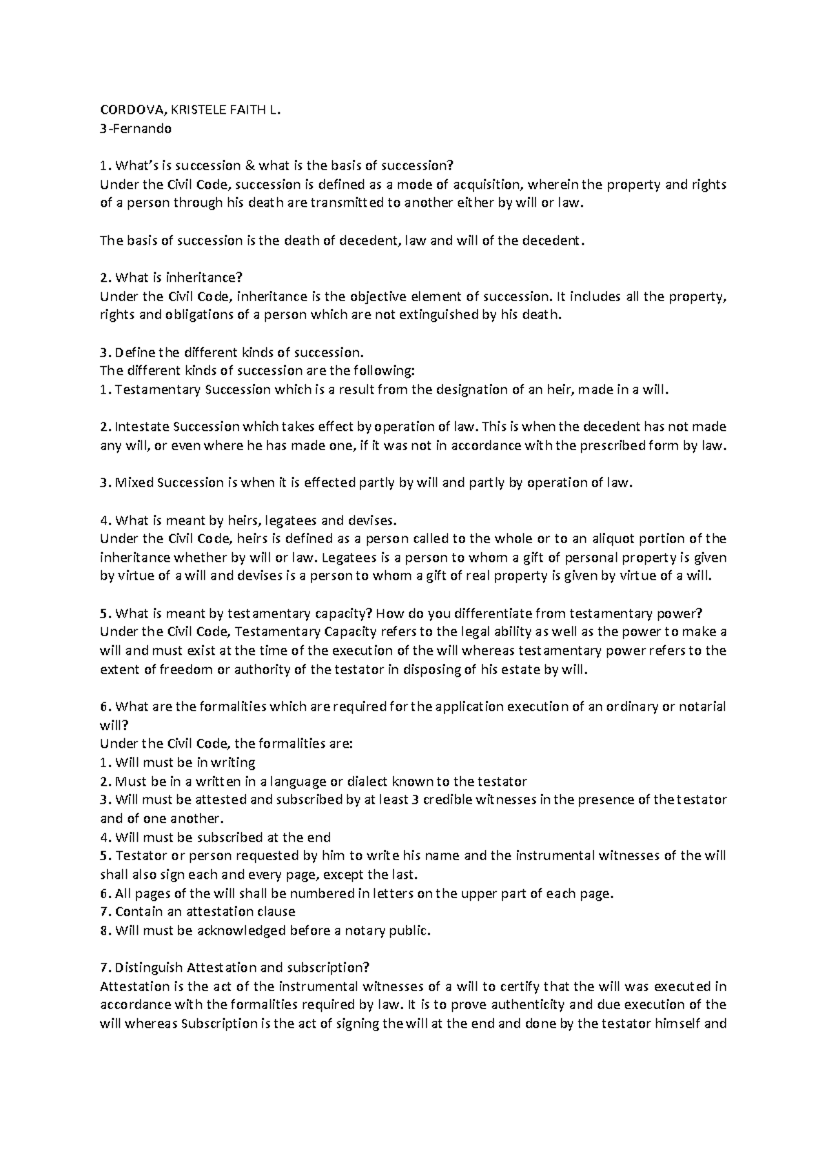 Quiz #1: Succession and Inheritance Under Civil Code (CORDOVA) - Studocu