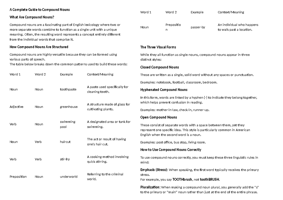 A Comprehensive Guide to Compound Nouns: Structure & Examples - Studocu