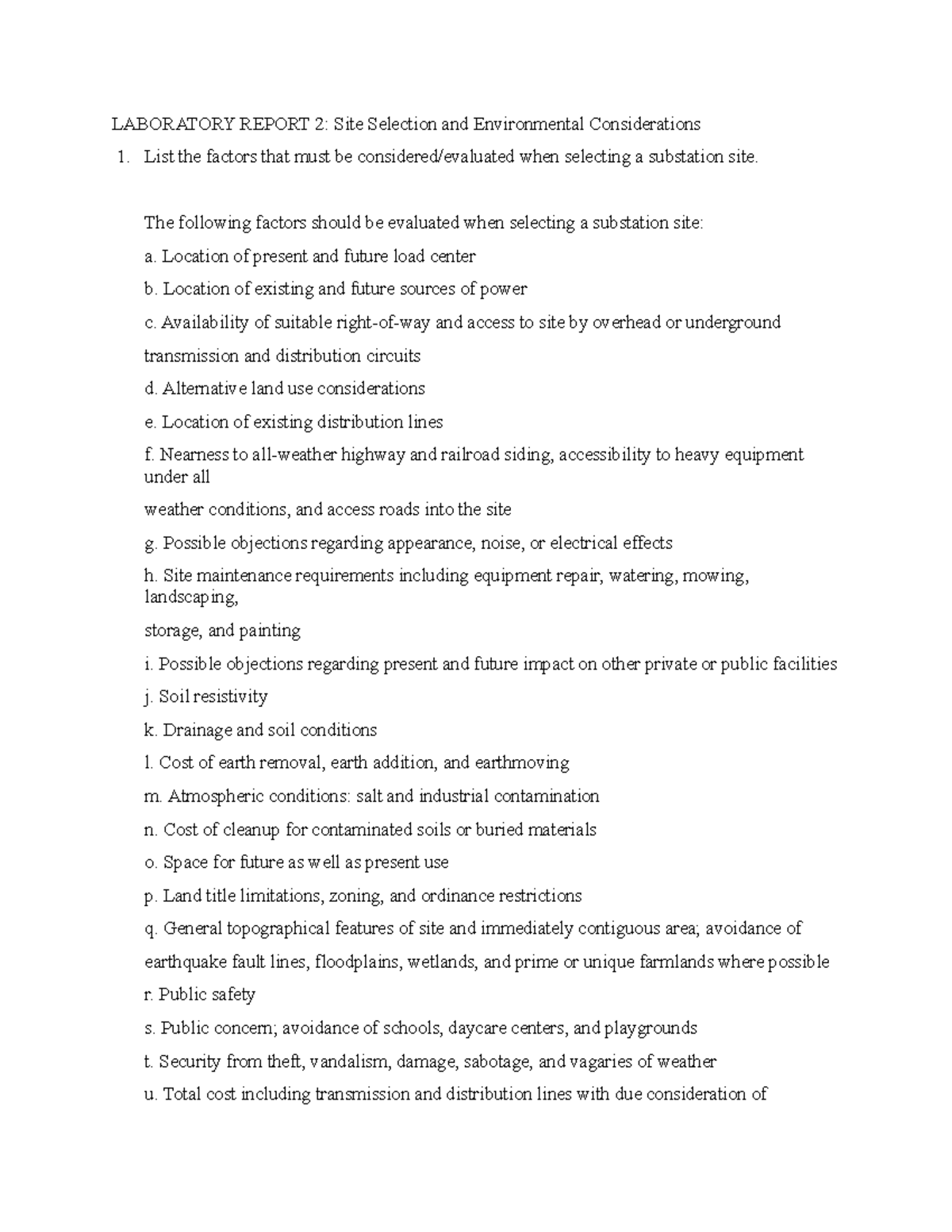 Laboratory Report 2: Substation Site Selection & Environmental Factors ...