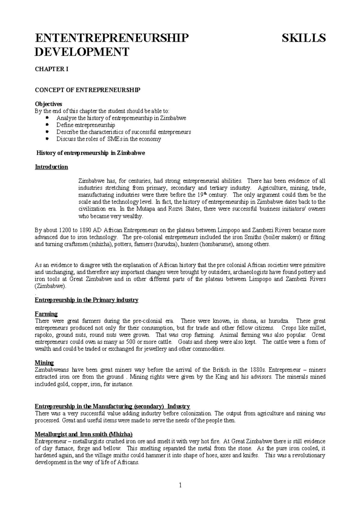 ENT 101: Chapter 1 - Understanding Entrepreneurship in Zimbabwe - Studocu