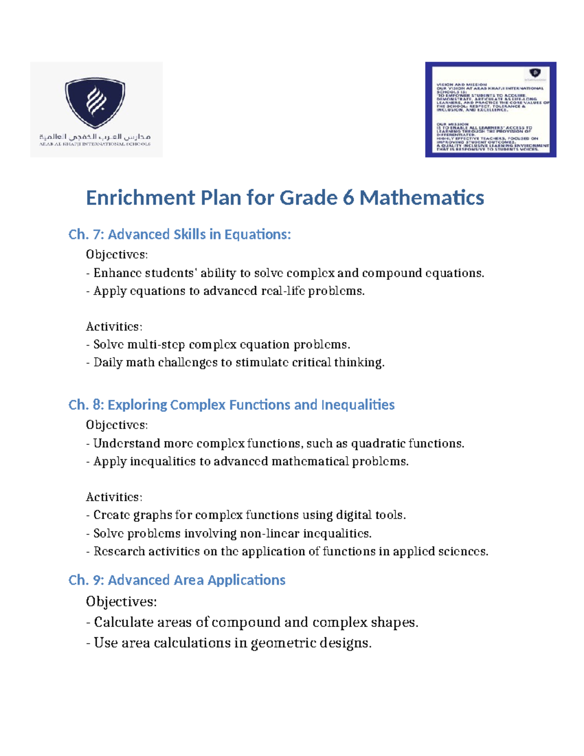 Enrichment Plan Grade 6 Math - Enrichment Plan for Grade 6 Mathematics ...