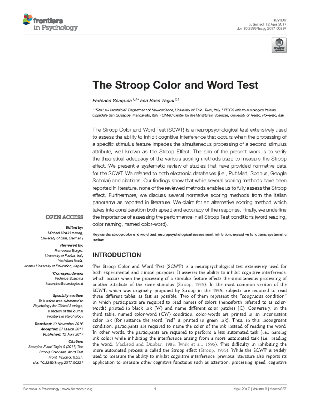REVIEW: The Stroop Color and Word Test - A Systematic Review of Scoring ...