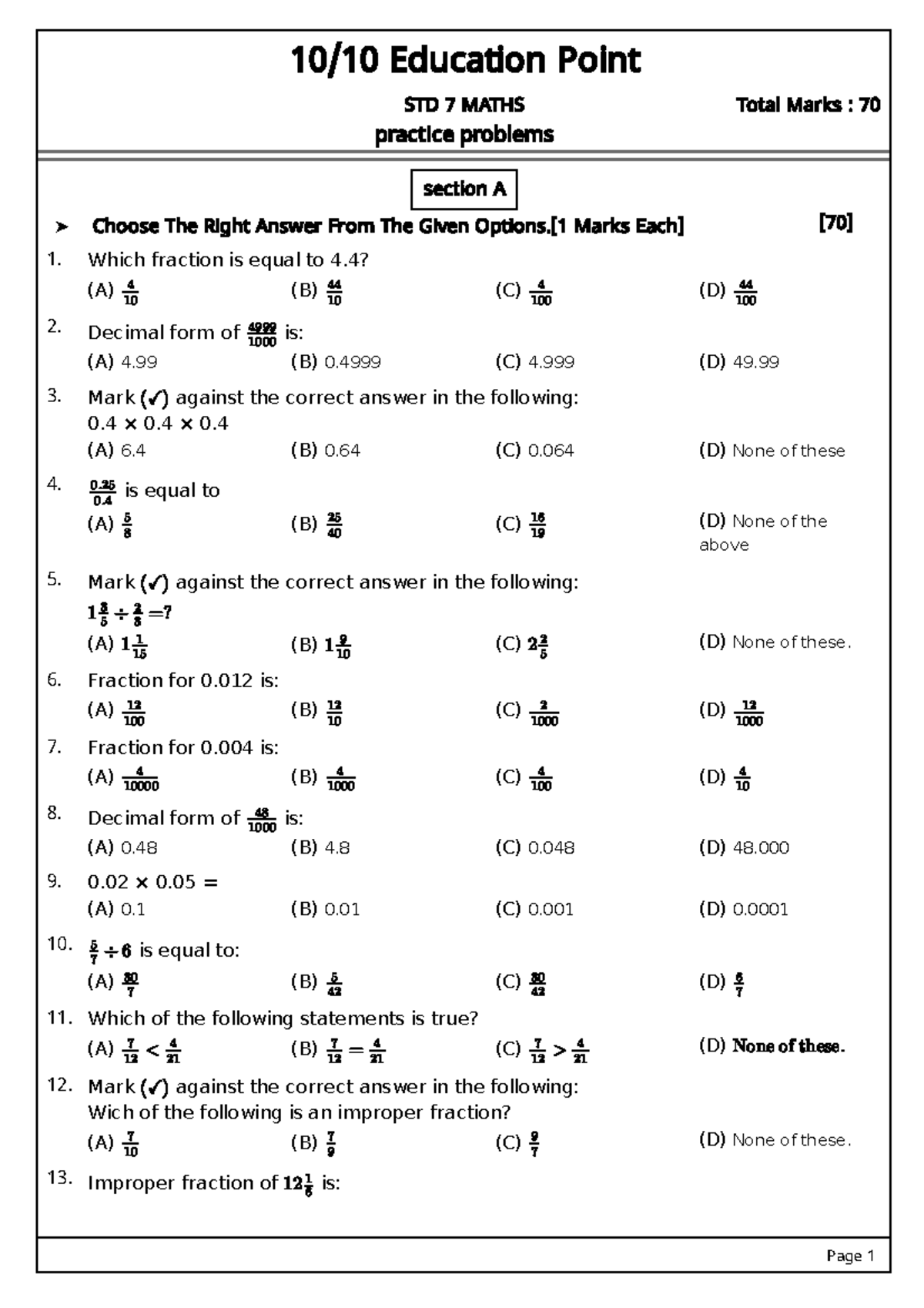 7th Grade Math MCQ Practice Test - Total Marks: 70 - Studocu