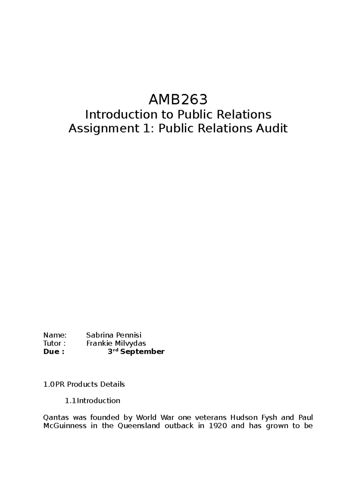 AMB263 Assignment 1 - ASSESSMENT - AMB Introduction to Public Relations ...