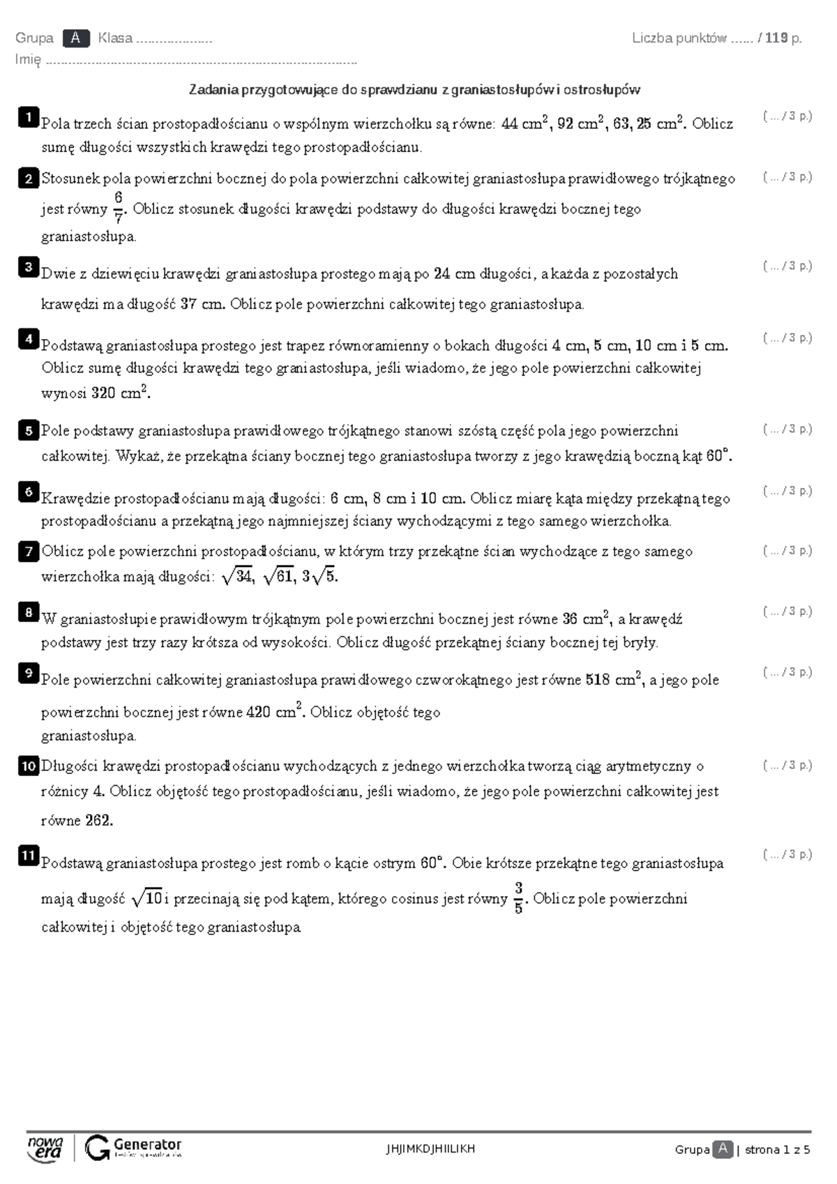 Sprawdzian Z Gwo Z Graniastosłupów W Gimnazjum www.studocu.com