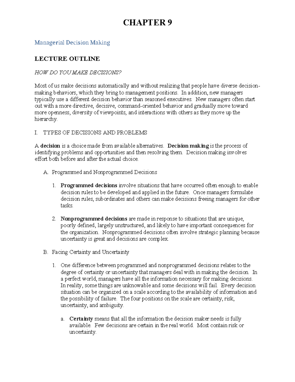 CHAPTER 9 Managerial Decision Making: Steps & Models LECTURE OUTLINE ...