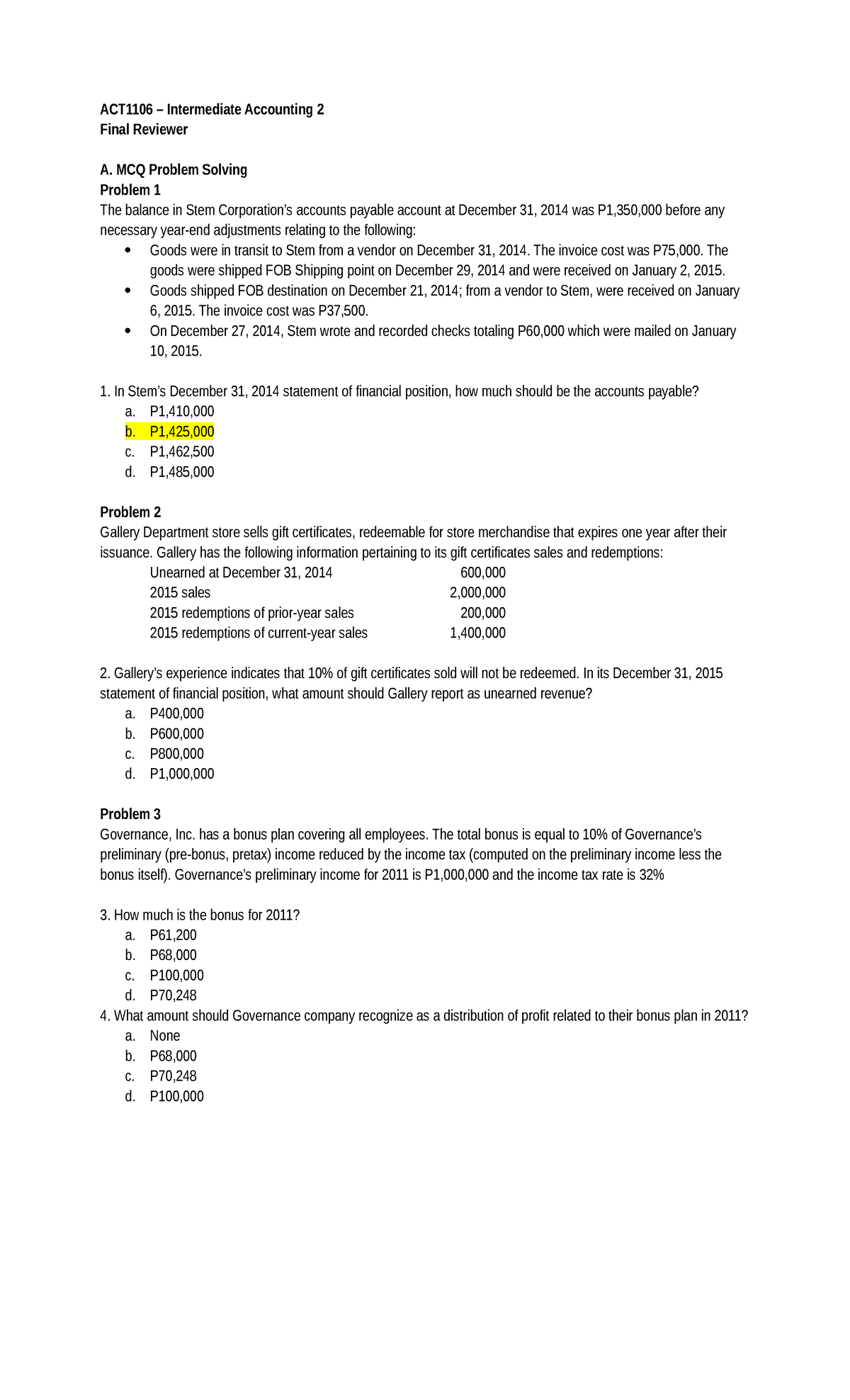 ACT1106 Intermediate Accounting 2 Final Exam Reviewer - Studocu