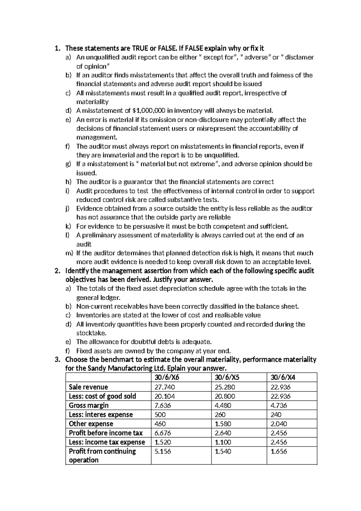 Audit Assertions and Materiality Analysis for ACCT 101 - Studocu