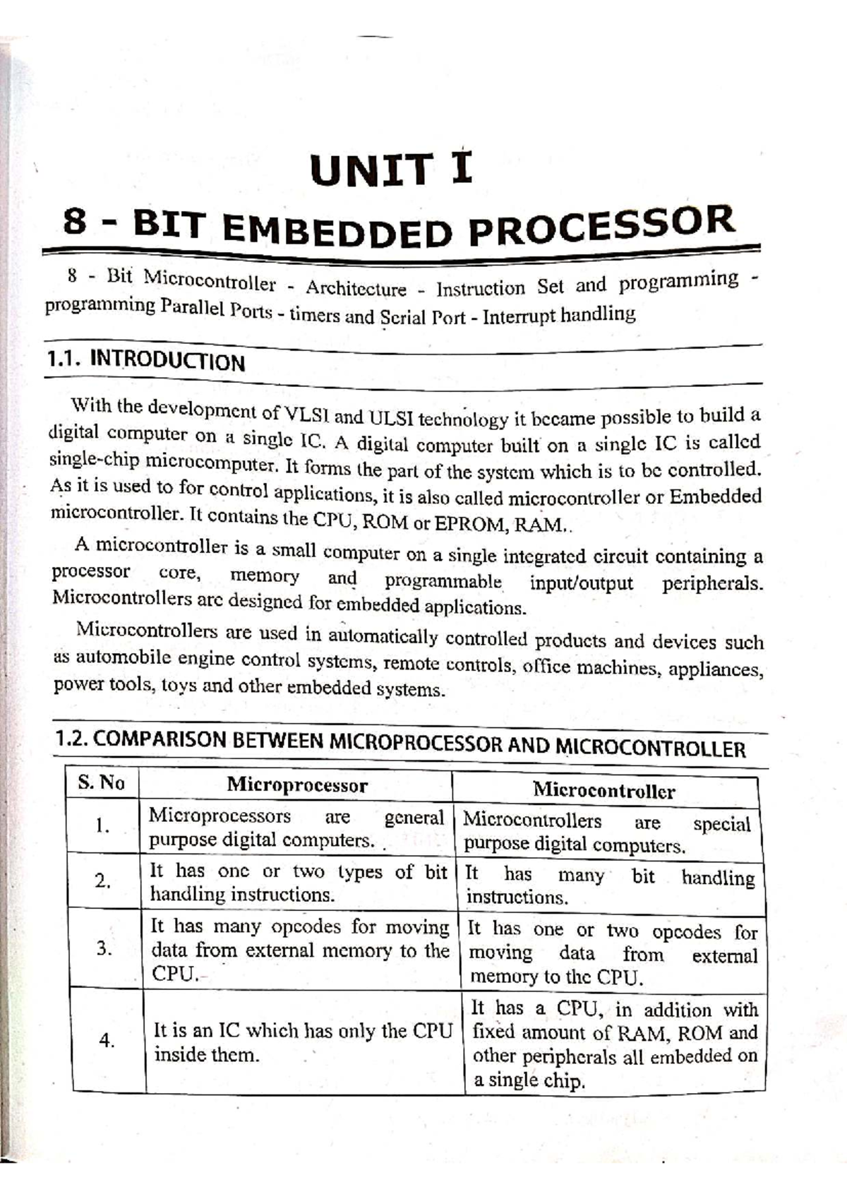 Embedded system & iot unit 1 notes-1 - UNIT I 8 BIT EMBEDDED PROCESSOR ...