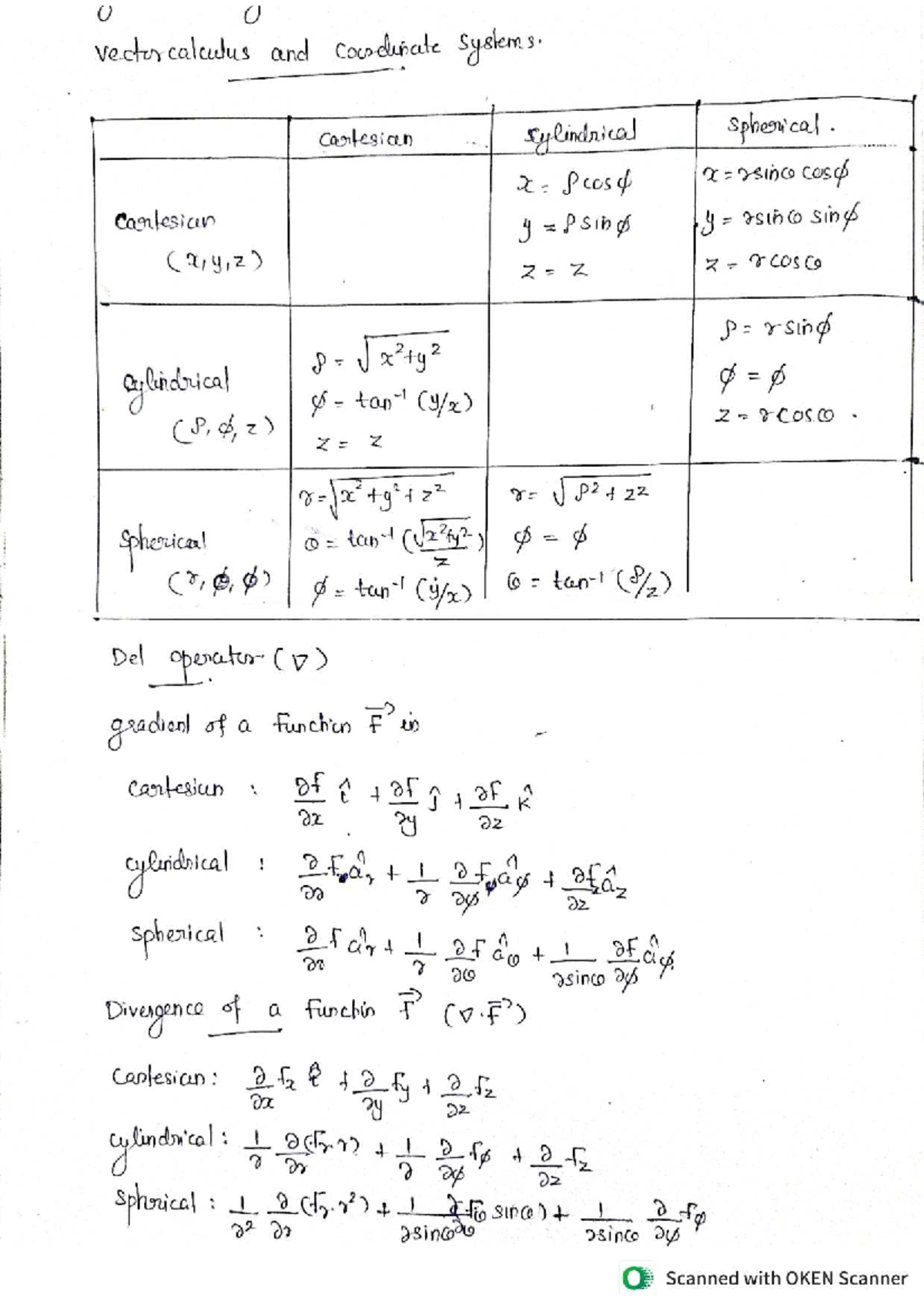 U U Vector Calculus & Coordinate Systems: Cartesian, Cylindrical ...