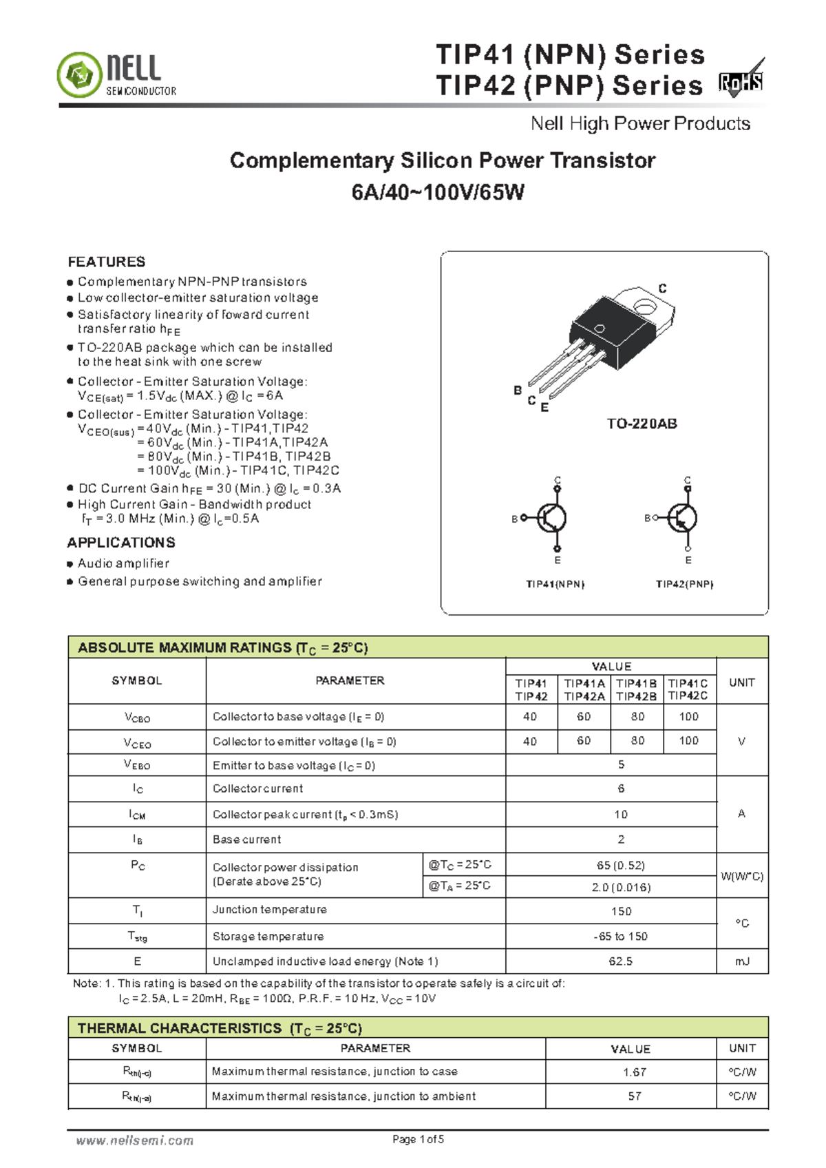 TIP41-n ELL - Solution - FEATURES APPLICATIONS SEMICONDUCTOR RoHSRoHS ...