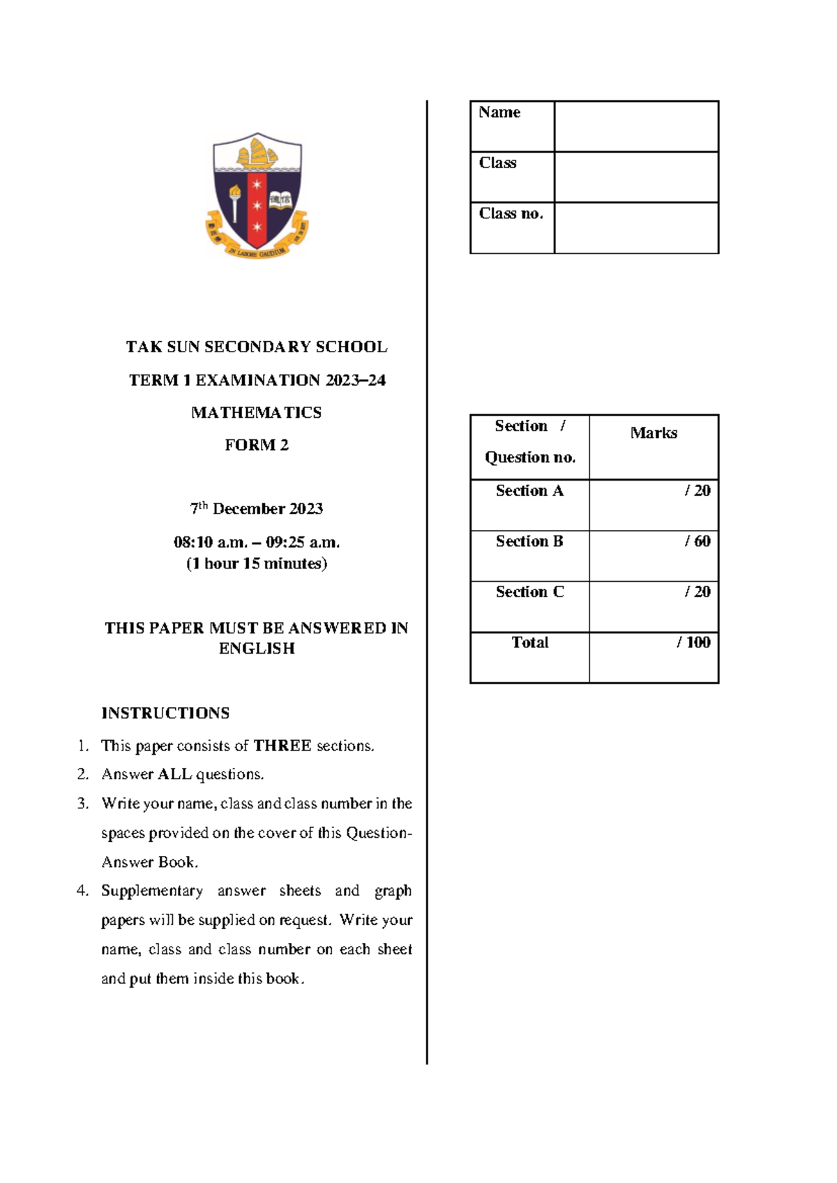2324 F2 MATH Term 1 exam - F2 math - TAK SUN SECONDARY SCHOOL TERM 1 ...