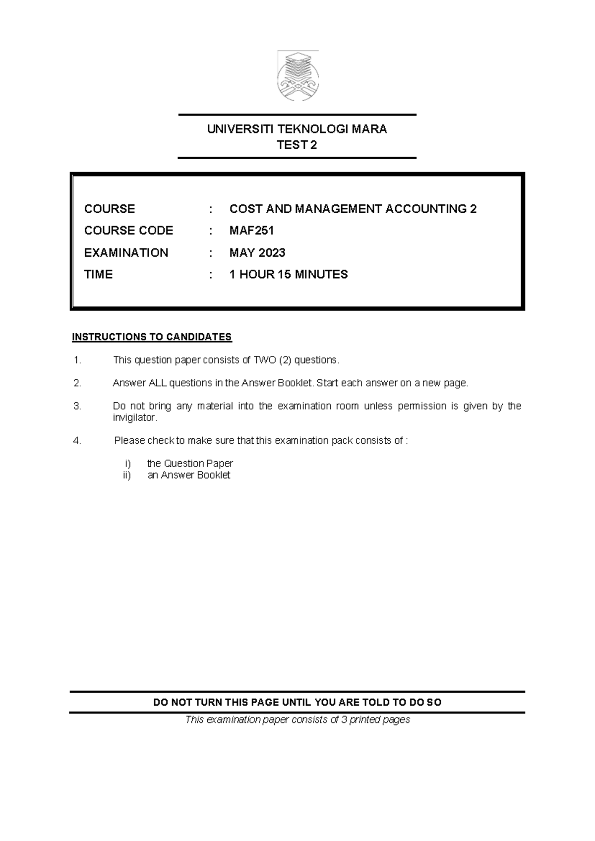 MAF251 Test 2: Cost & Management Accounting Exam May 2023 - Studocu