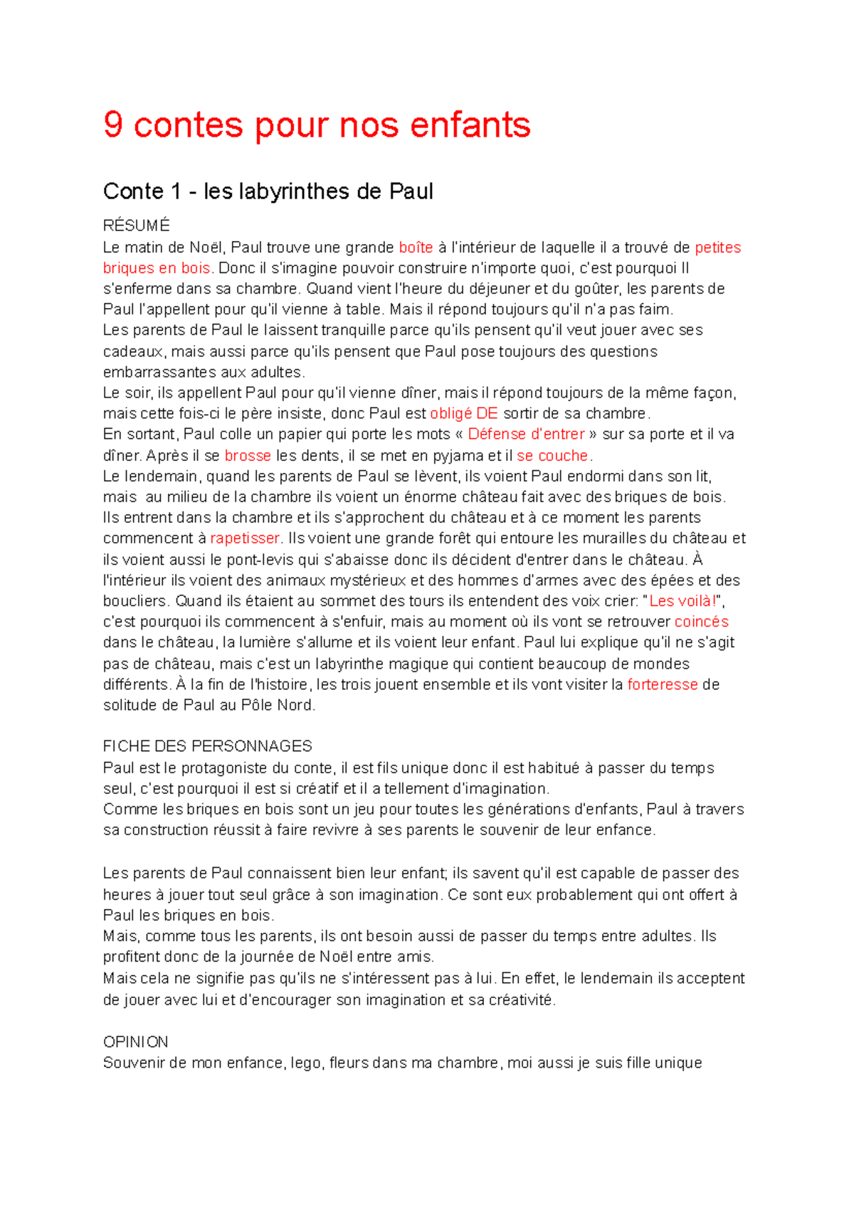 9 contes pour nos enfants : Aventures et Leçons de Vie - Document Preview