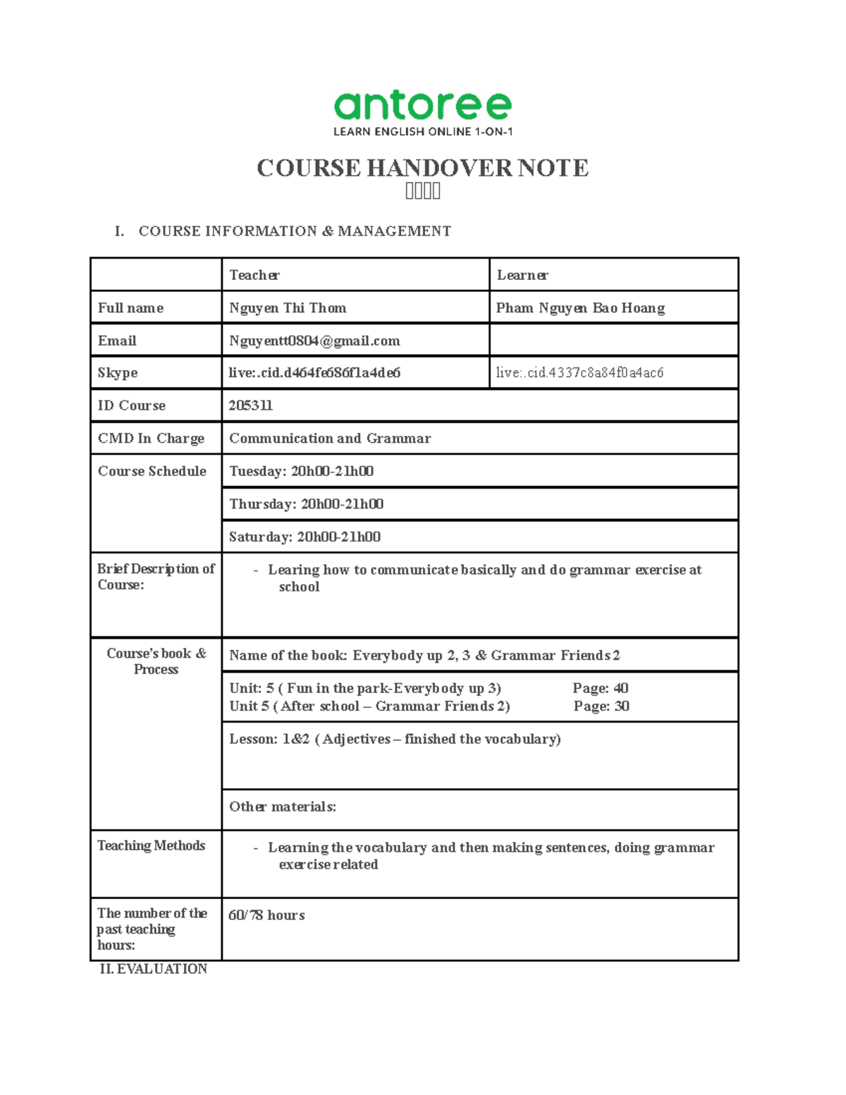 Handover NOTE FORM - no s - COURSE HANDOVER NOTE I. COURSE INFORMATION ...