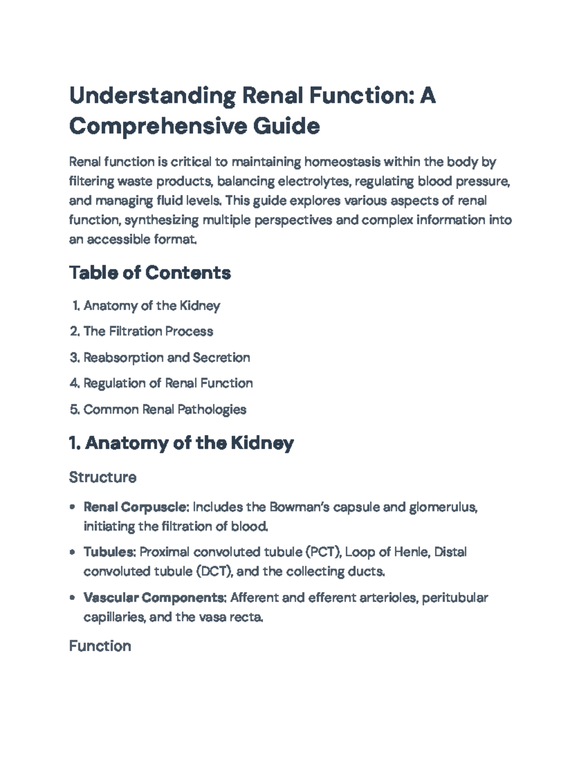 Comprehensive Study Guide on Renal Function and Pathologies ...