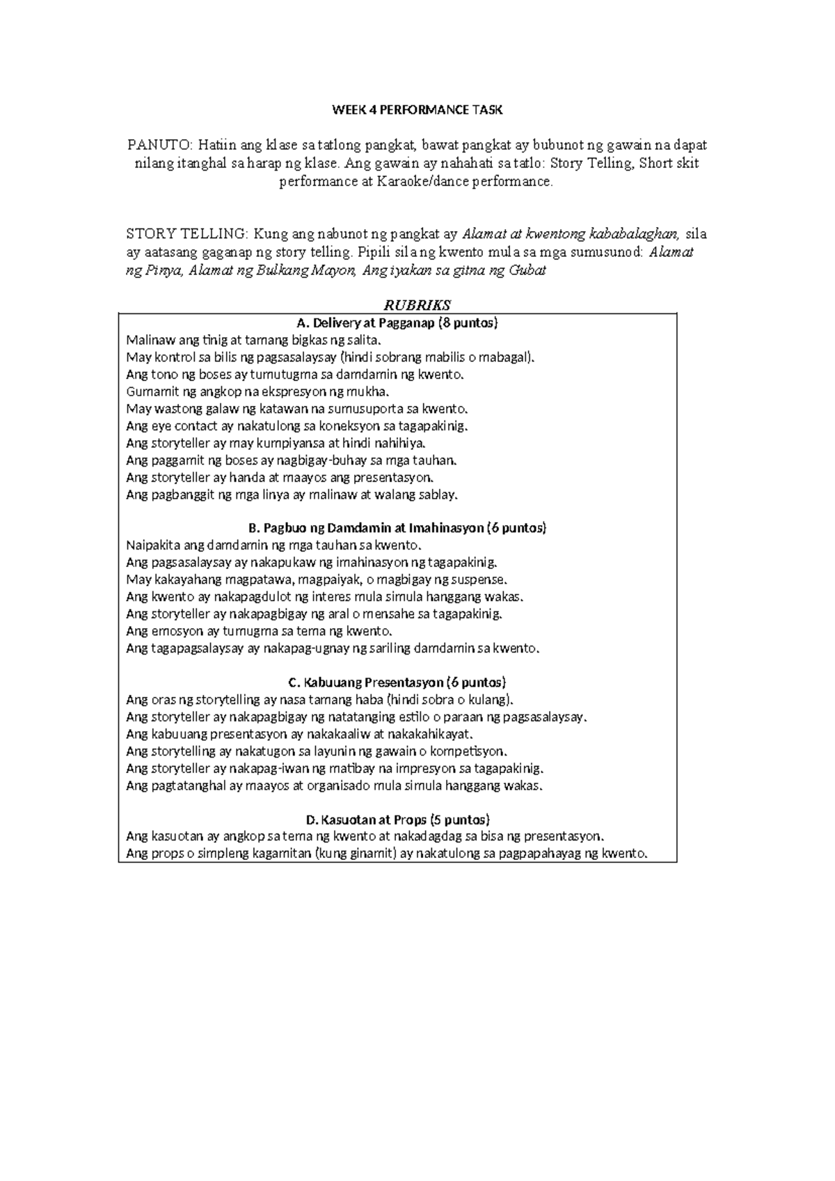 WEEK 4 PERFORMANCE TASK: Storytelling, Short Skit, and Performance ...