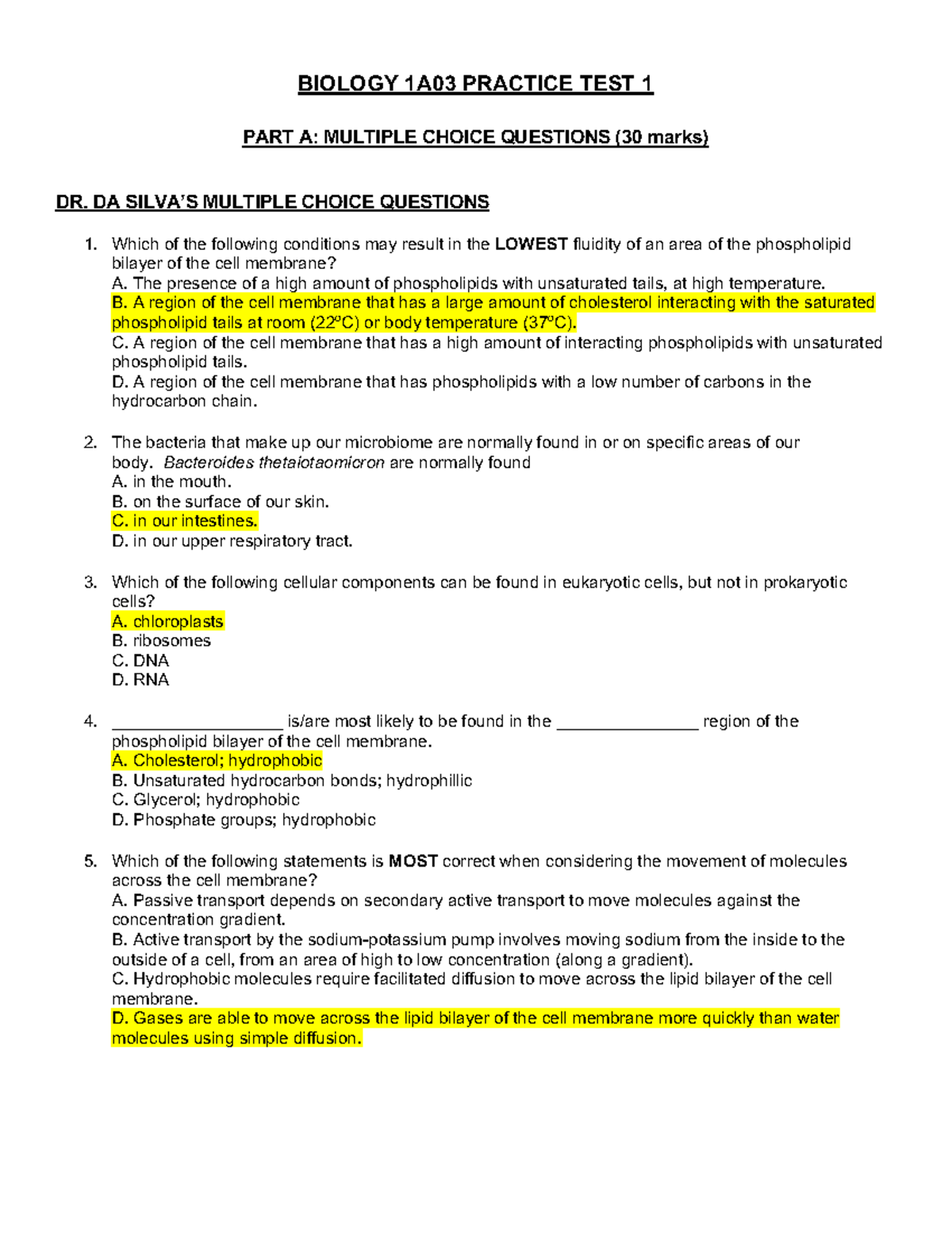 Biology 1A03 Practice Test 1 - Answers and Explanations - Studocu