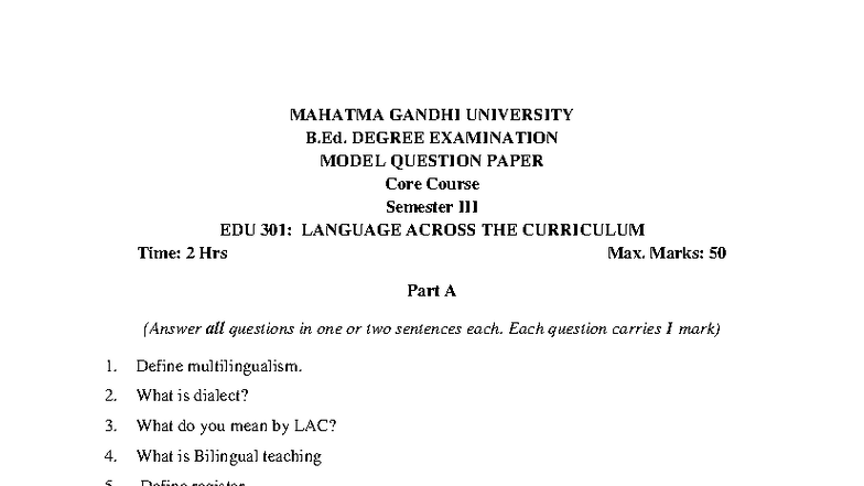 B.Ed. EDU 301: Language Across the Curriculum Model QP - Studocu