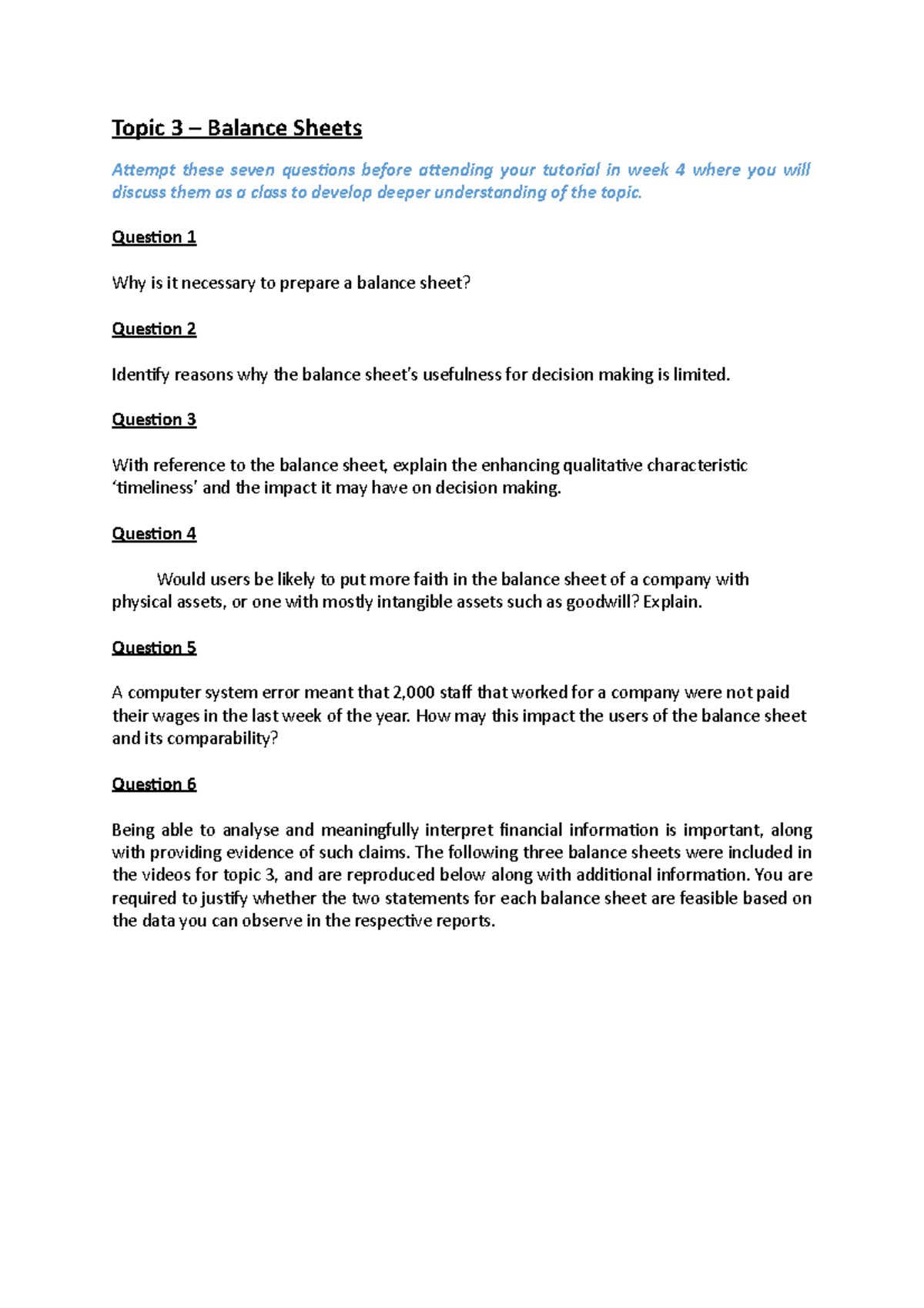 Topic 3 Tutorial Exercises (week 4) - Topic 3 – Balance Sheets Attempt ...