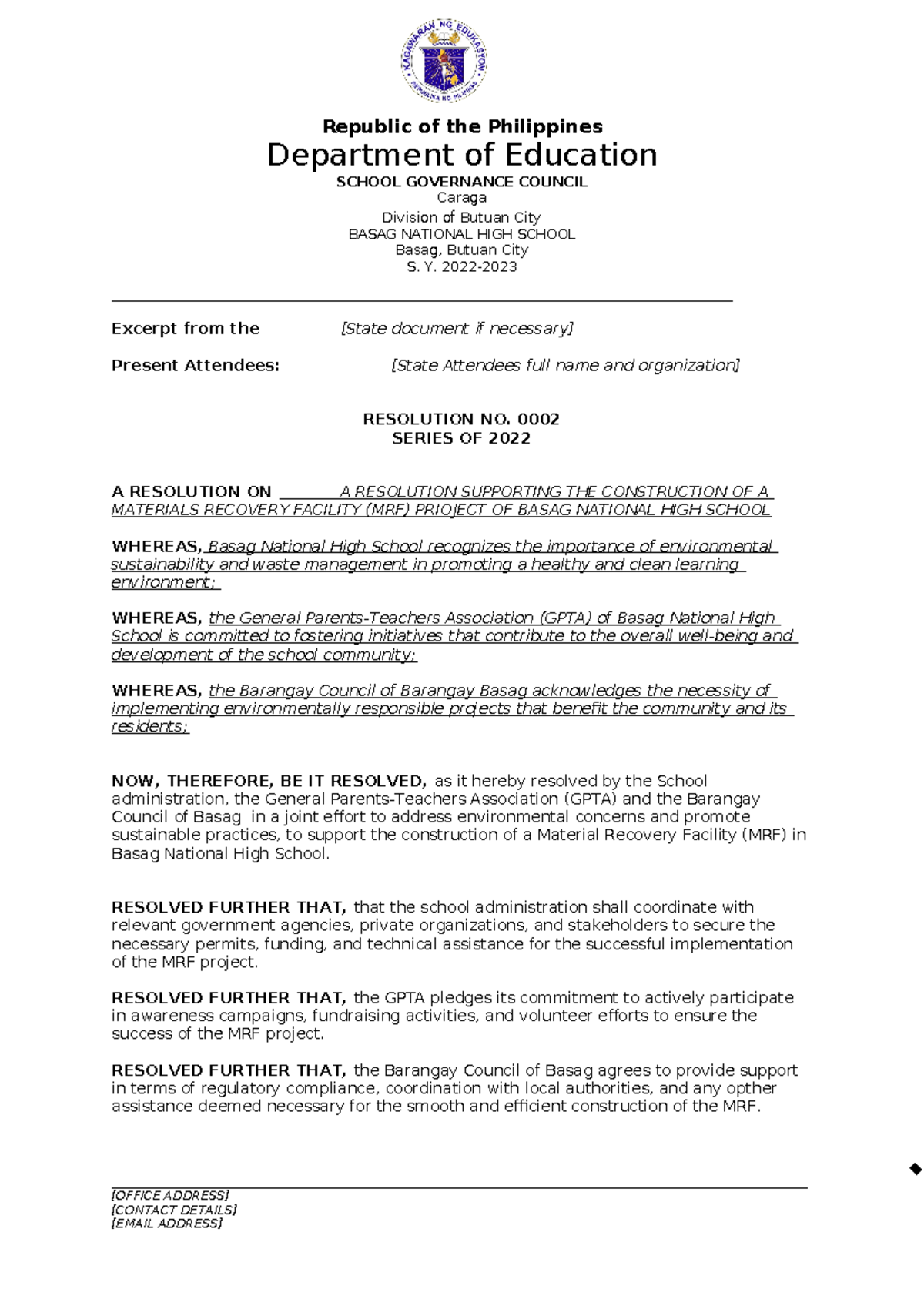 [SGC] Resolution No. 0002: Support for MRF Construction at Basag NHSH ...
