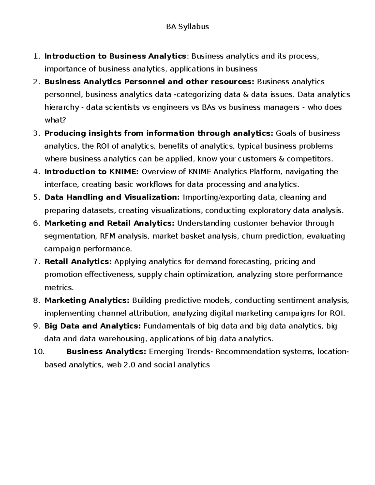 BA Syllabus: Comprehensive Overview of Business Analytics Topics - Studocu