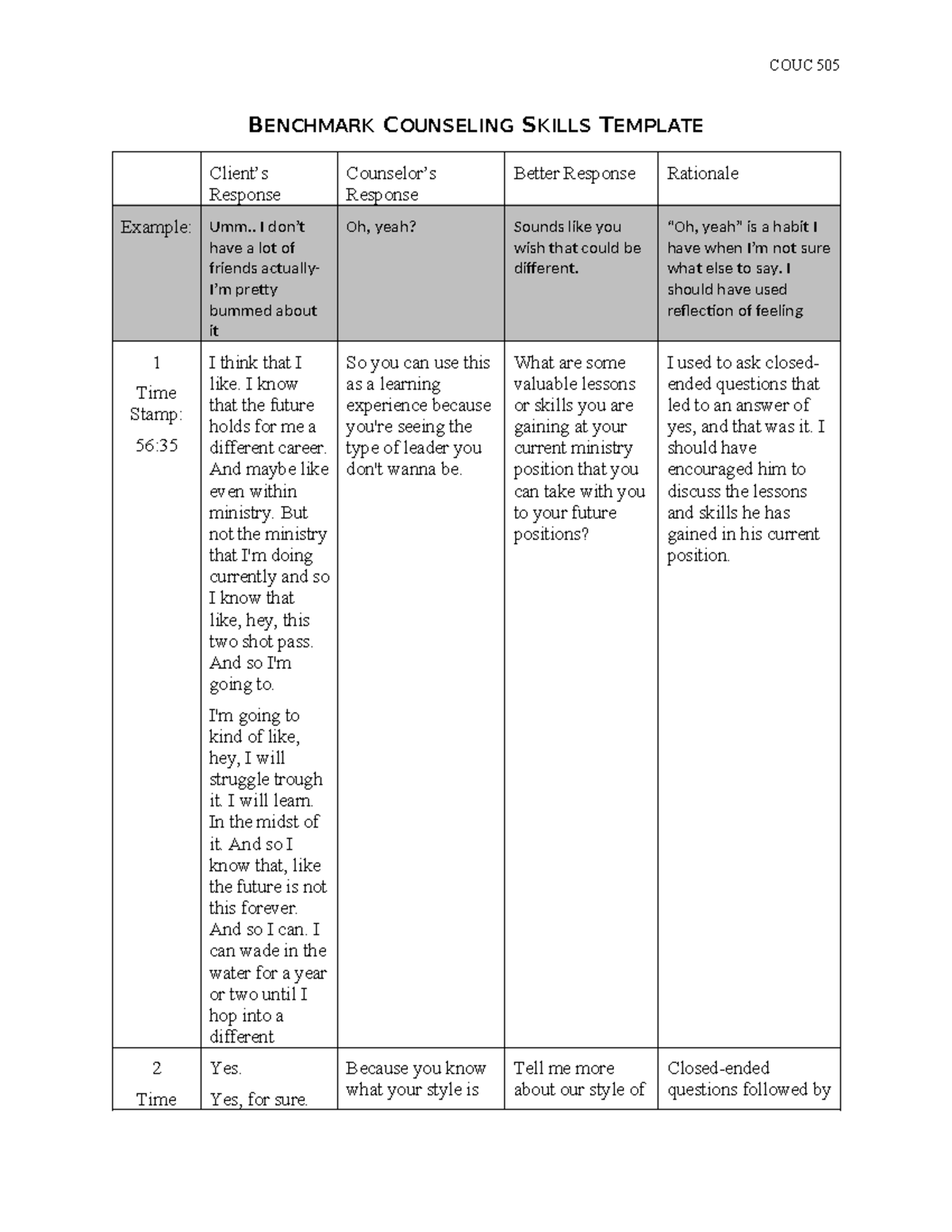 COUC 505: Benchmark Counseling Skills Template Analysis - Studocu