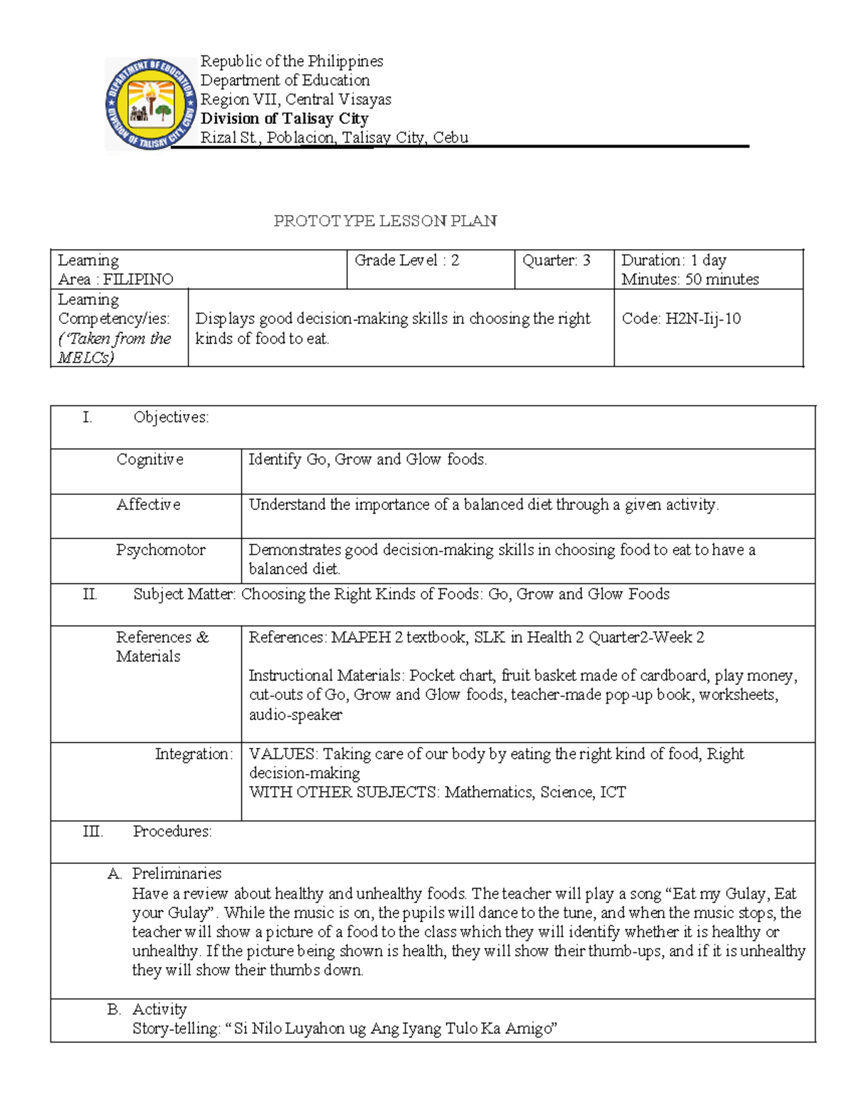 Prototype Lesson Plan: Filipino Grade 2 - Go, Grow, Glow Foods - Studocu