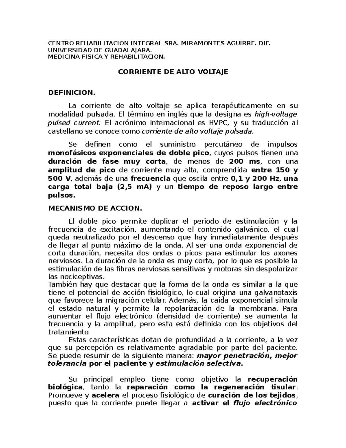 Corriente de Alto Voltaje en Rehabilitación (Med. Fis. 101) - Studocu