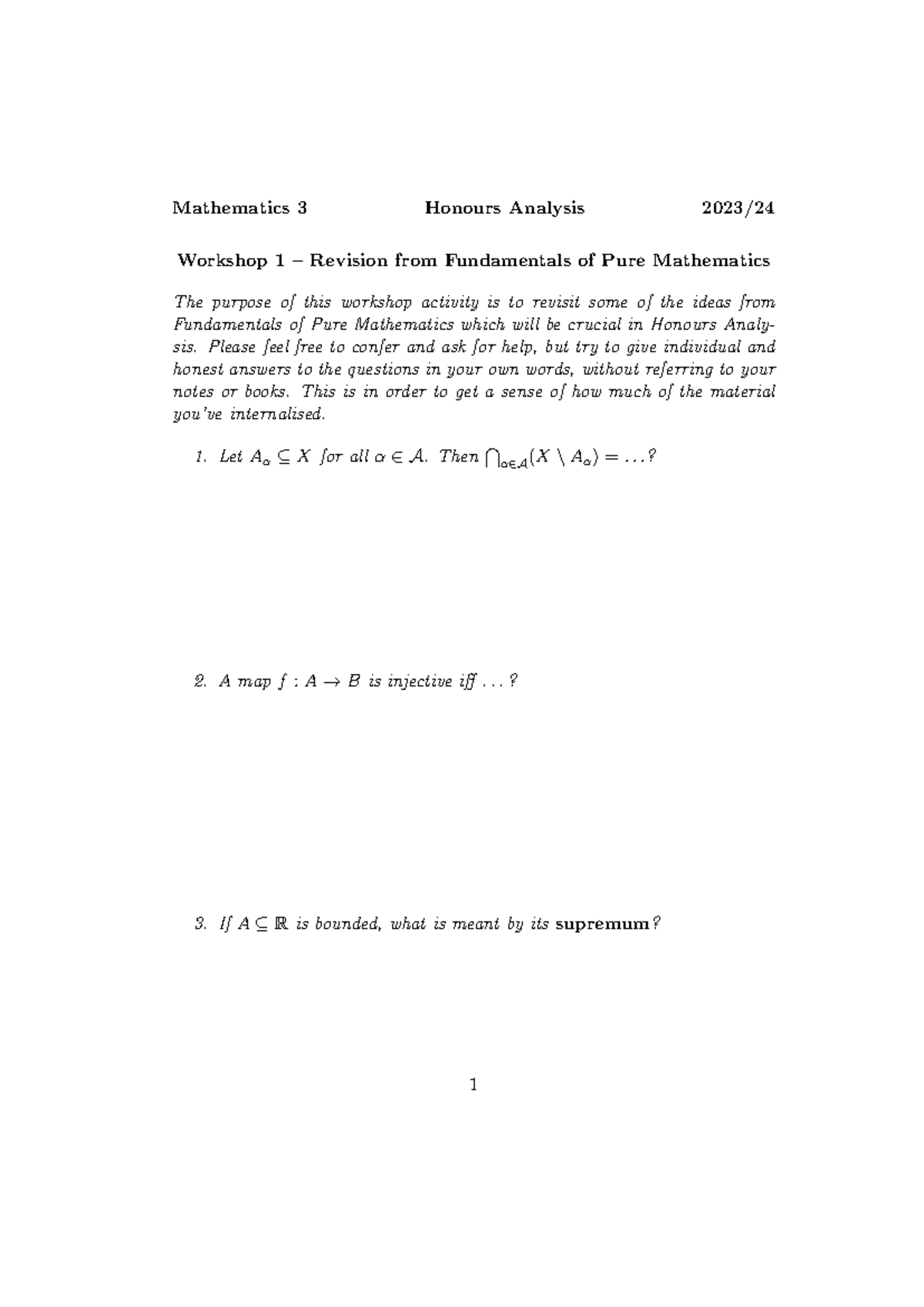 Mathematics 3 Honours Analysis: Workshop 1 Revision Notes - Studocu