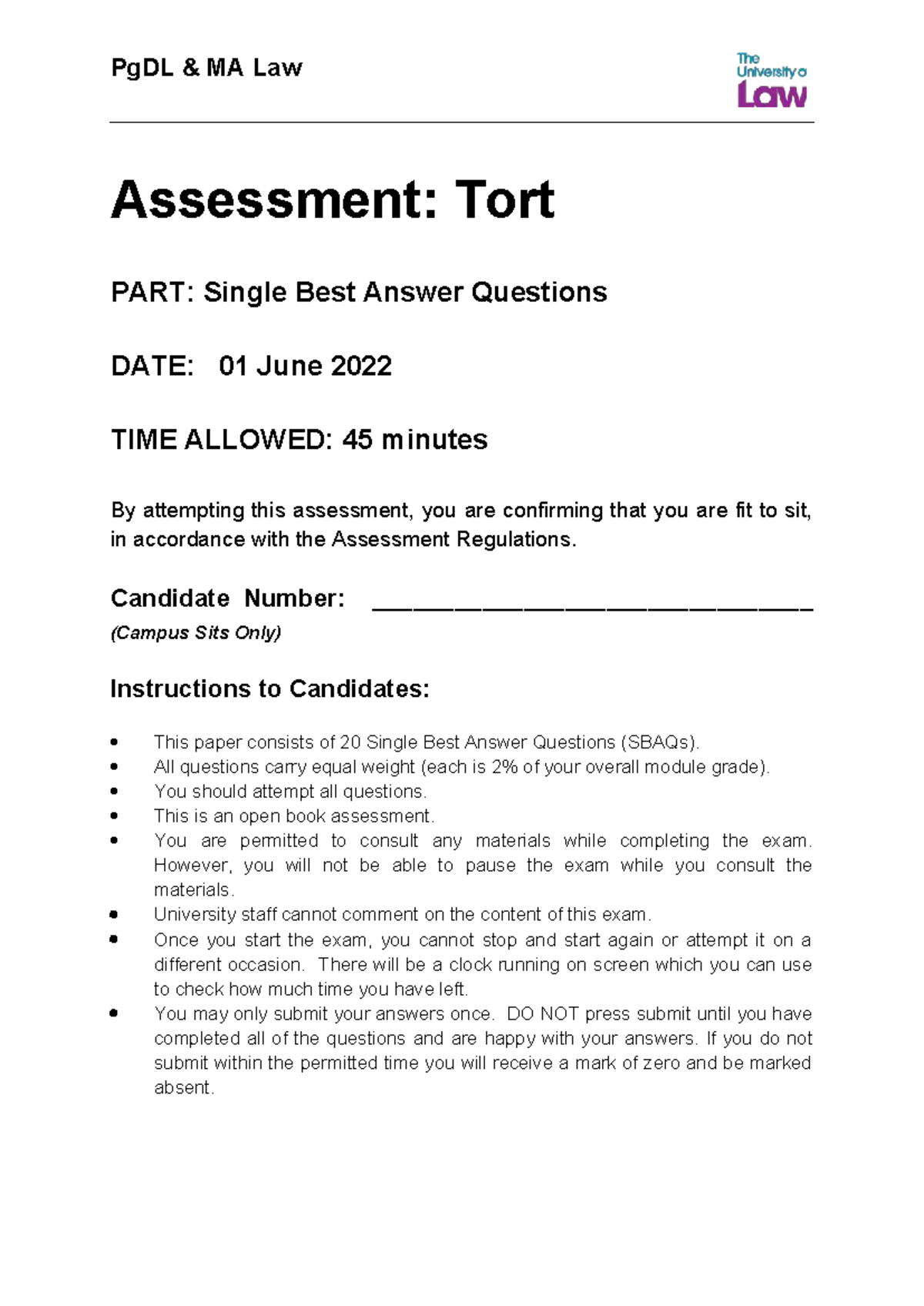 PgDL MA Law Assessment: Tort SBAQ 2025 Past Paper Questions - Studocu