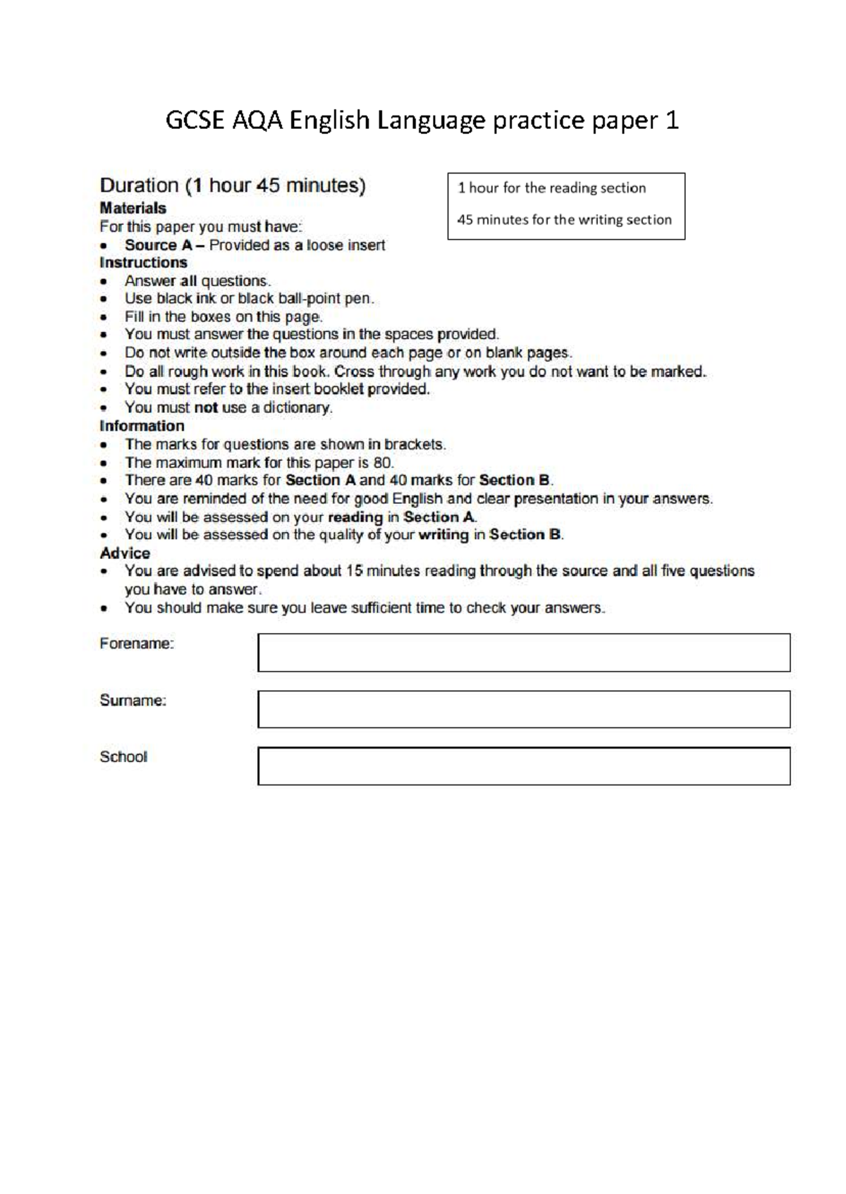 GCSE AQA English Language Mock Paper: War of the Worlds Extract ...