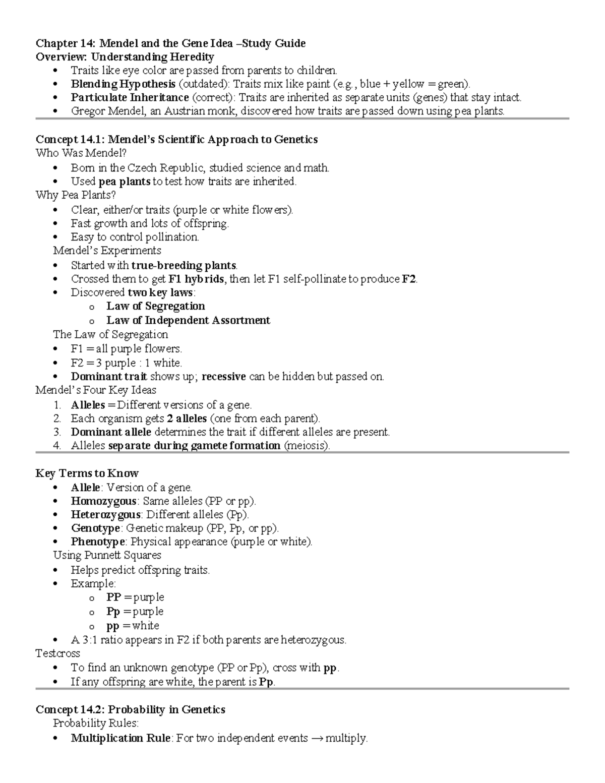 Chapter 14 Study Guide: Mendel's Genetics and Inheritance Concepts ...
