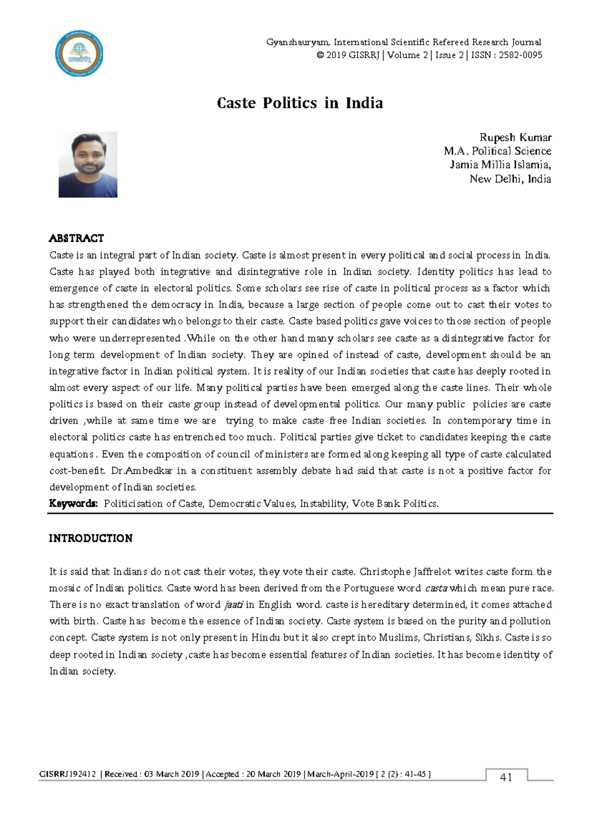 Caste Politics in India: Analyzing Its Impact on Democracy (GISRRJ 2019 ...