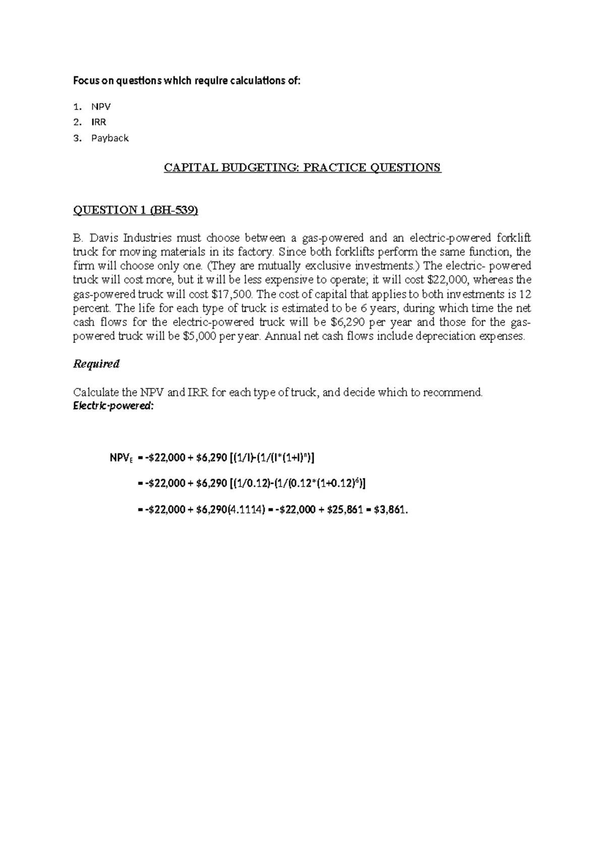 Capital Budgeting Practice Questions: NPV, IRR, Payback Analysis - Studocu