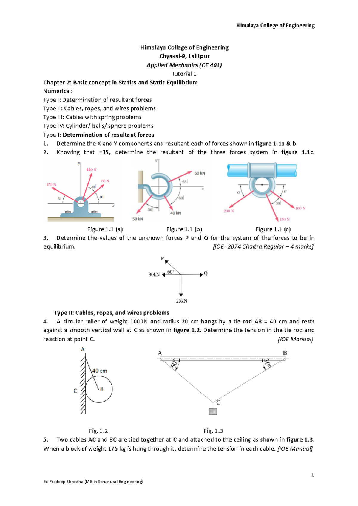 CE 401 Tutorial 1: Basic Concepts in Statics & Static Equilibrium - Studocu