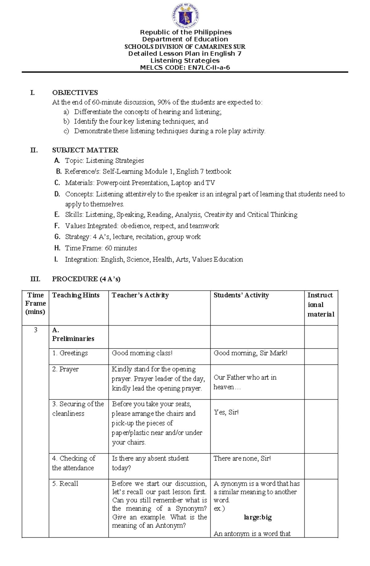 Semi-Detailed Lesson Plan in Val Ed 9 for Q1 (SEP 2-6, 2024) - Studocu