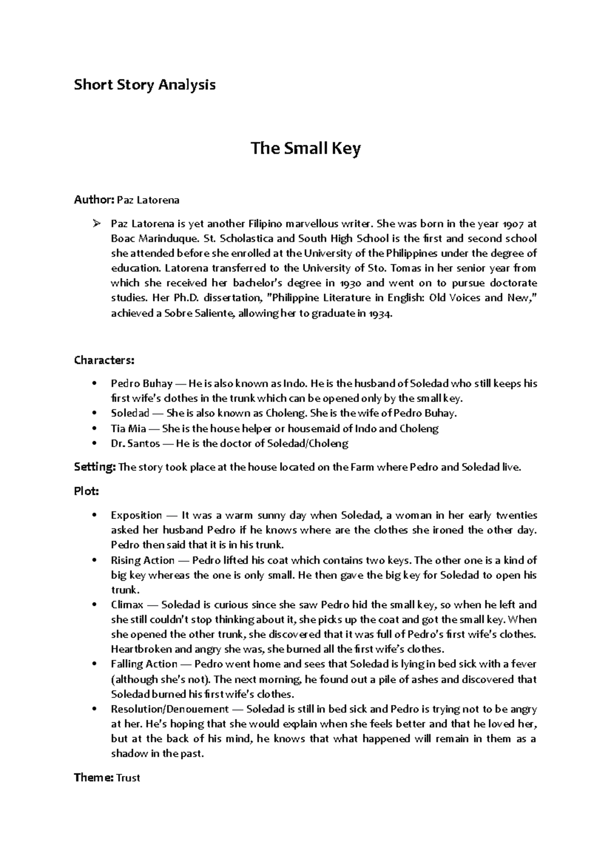 Literary Analysis of 'The Small Key' by Paz Latorena – Short Story ...