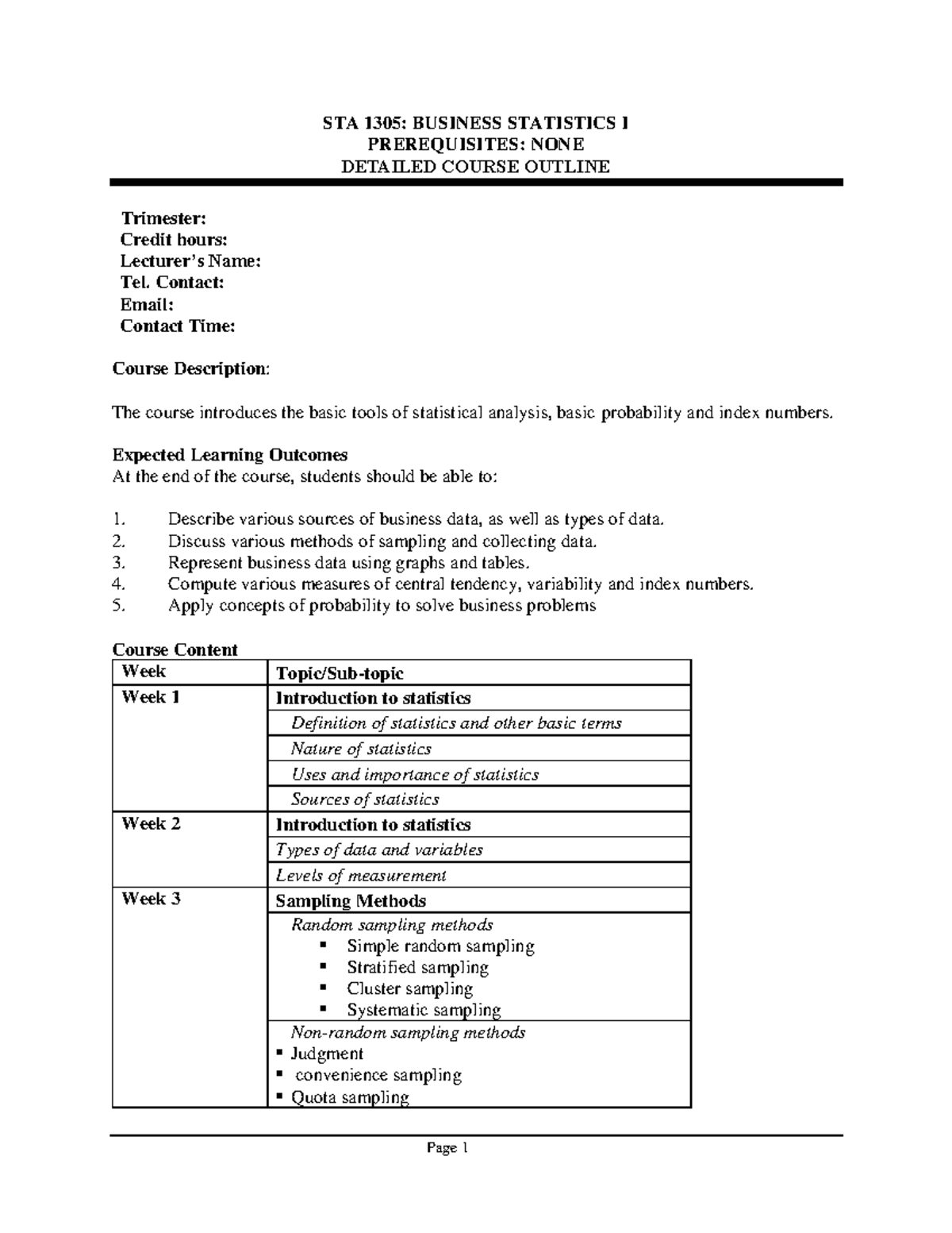 STA 1305 Business Statistics I Detailed Course Outline and Requirements ...