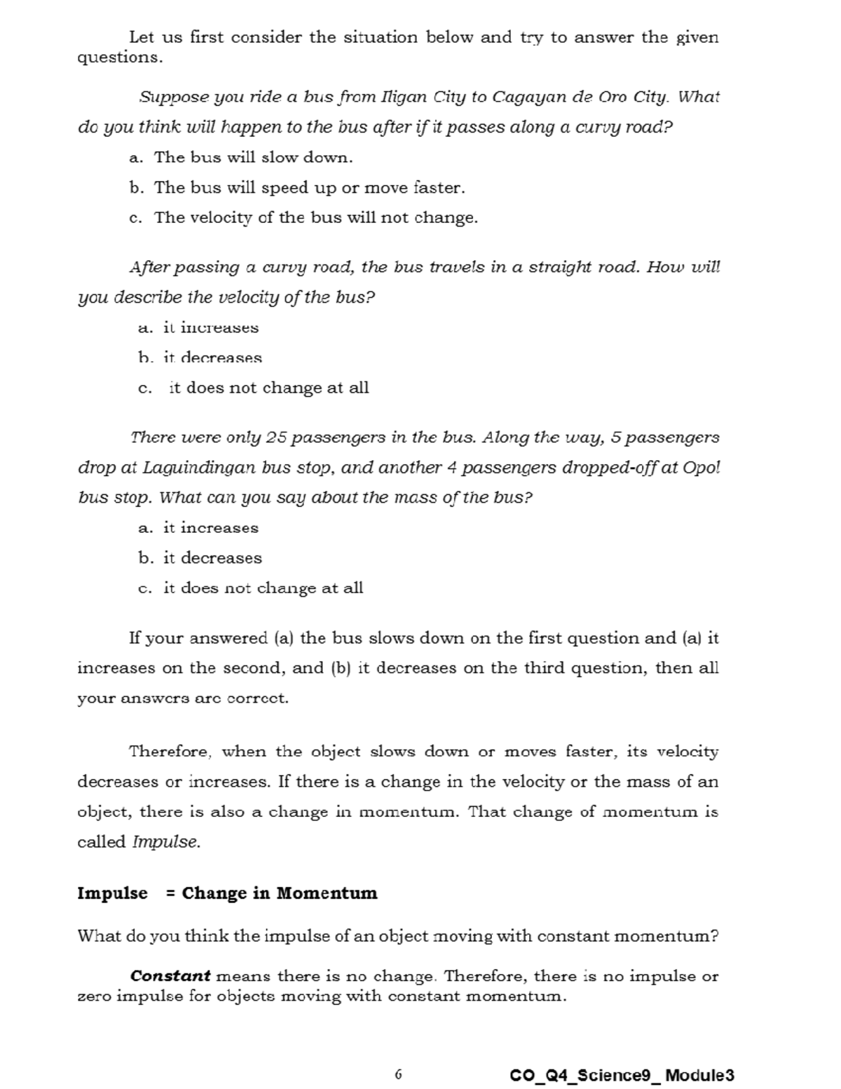 Impulse and Momentum - Lecture Notes (6 CO_Q4_Science9_Module3) - Studocu