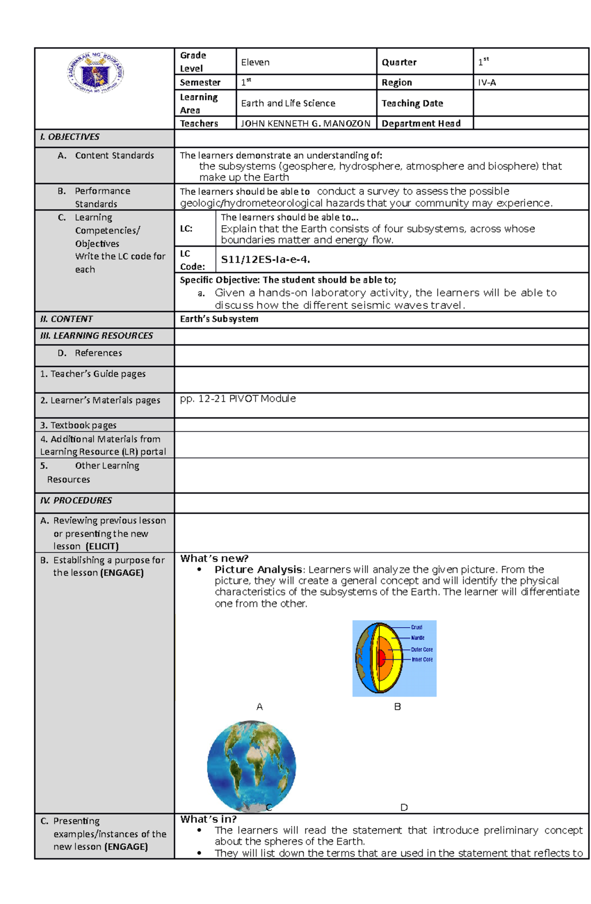 DLP-Earth's Subsystem - Grade Level Eleven Quarter 1 st Semester 1 st ...
