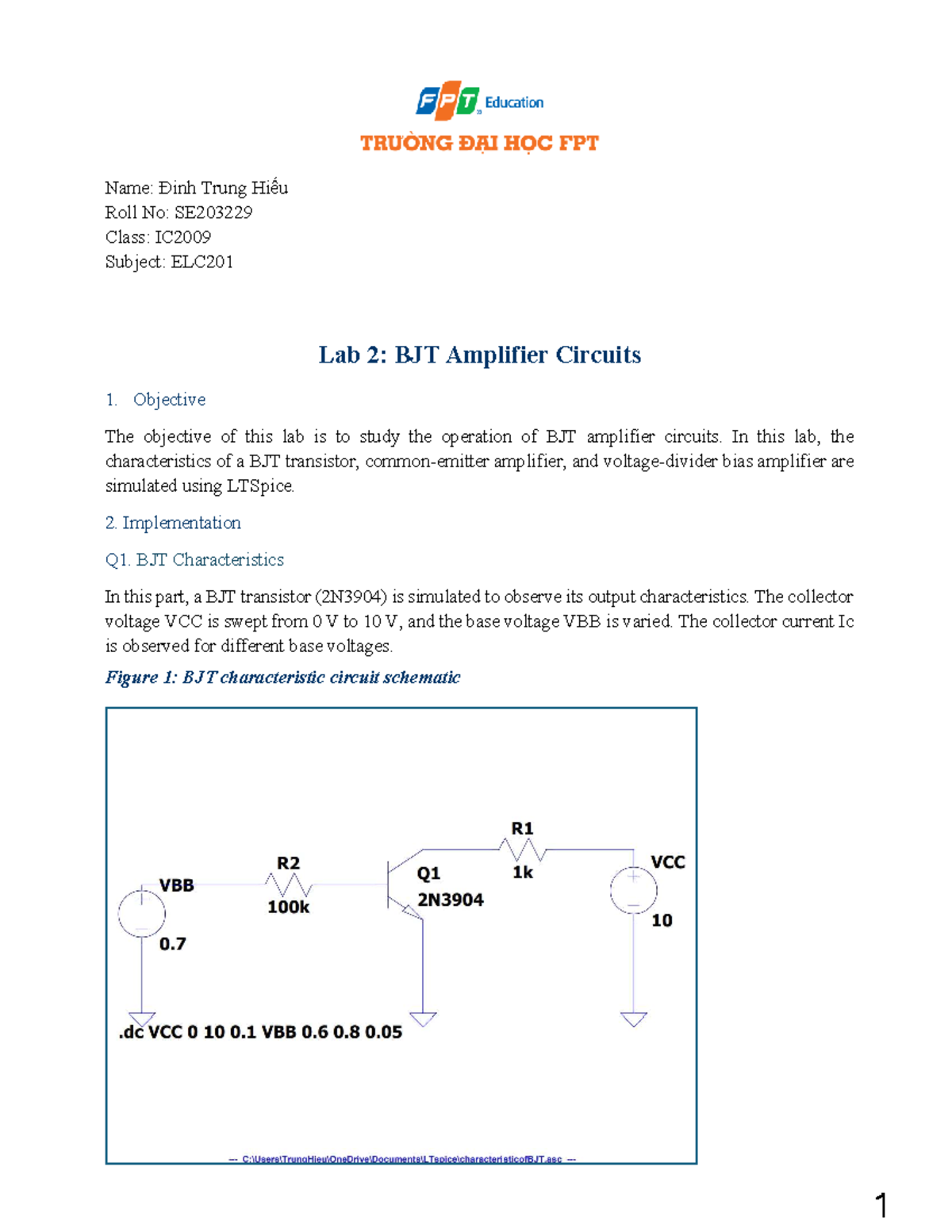 Lab 2: ELC201 BJT Amplifier Circuits Report - Studocu
