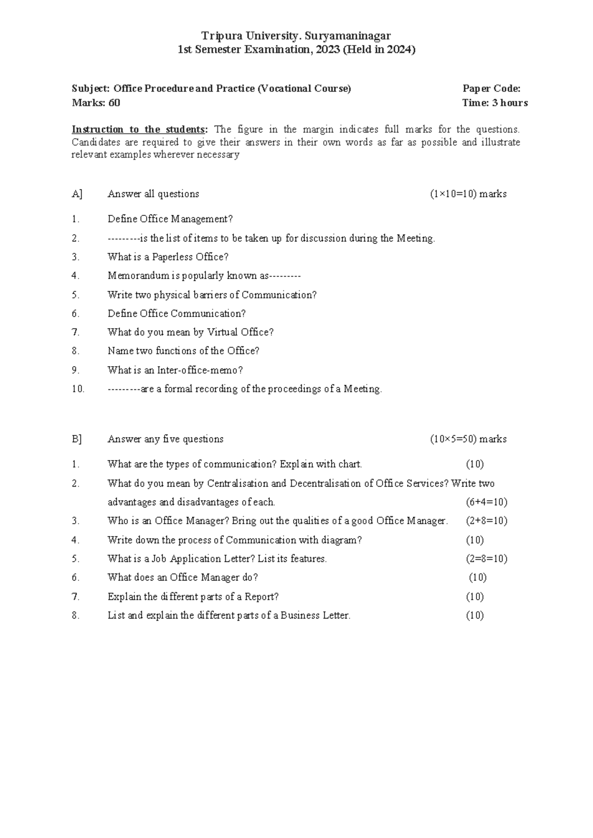 Office Procedure and Practice - 1st Sem Exam 2023 (Vocational Course ...