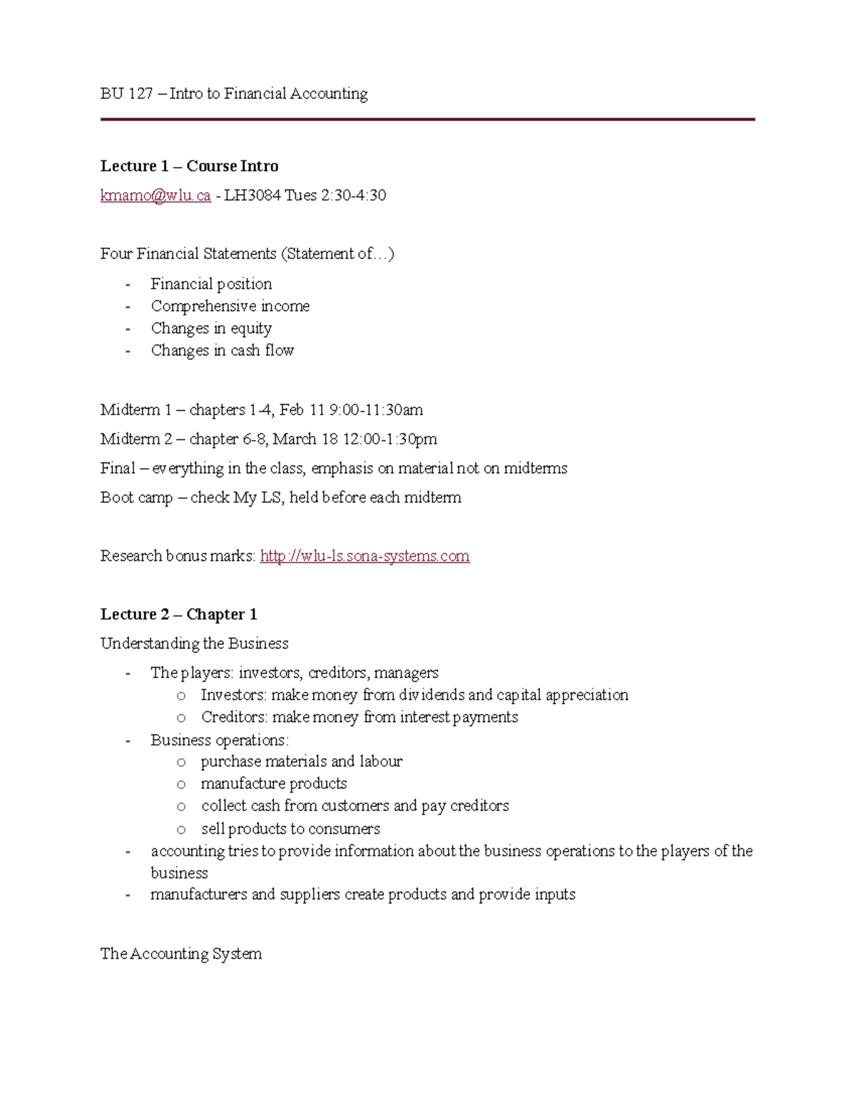 BU 127 Comprehensive Lecture Notes on Financial Accounting Concepts ...